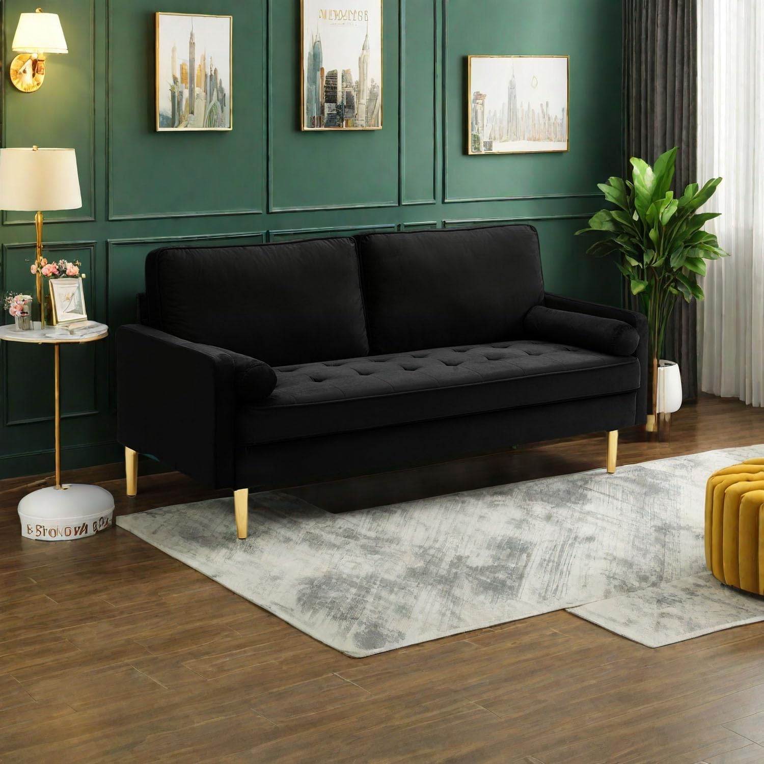 55" Modern Futon Loveseat Couch,Velvet Upholstered 2 Seater Sofa Couches, Comfy Mini Sleeper Sofas for Bedroom, Apartment, Office,Dorm,Small Space,Studio (Black, 55")