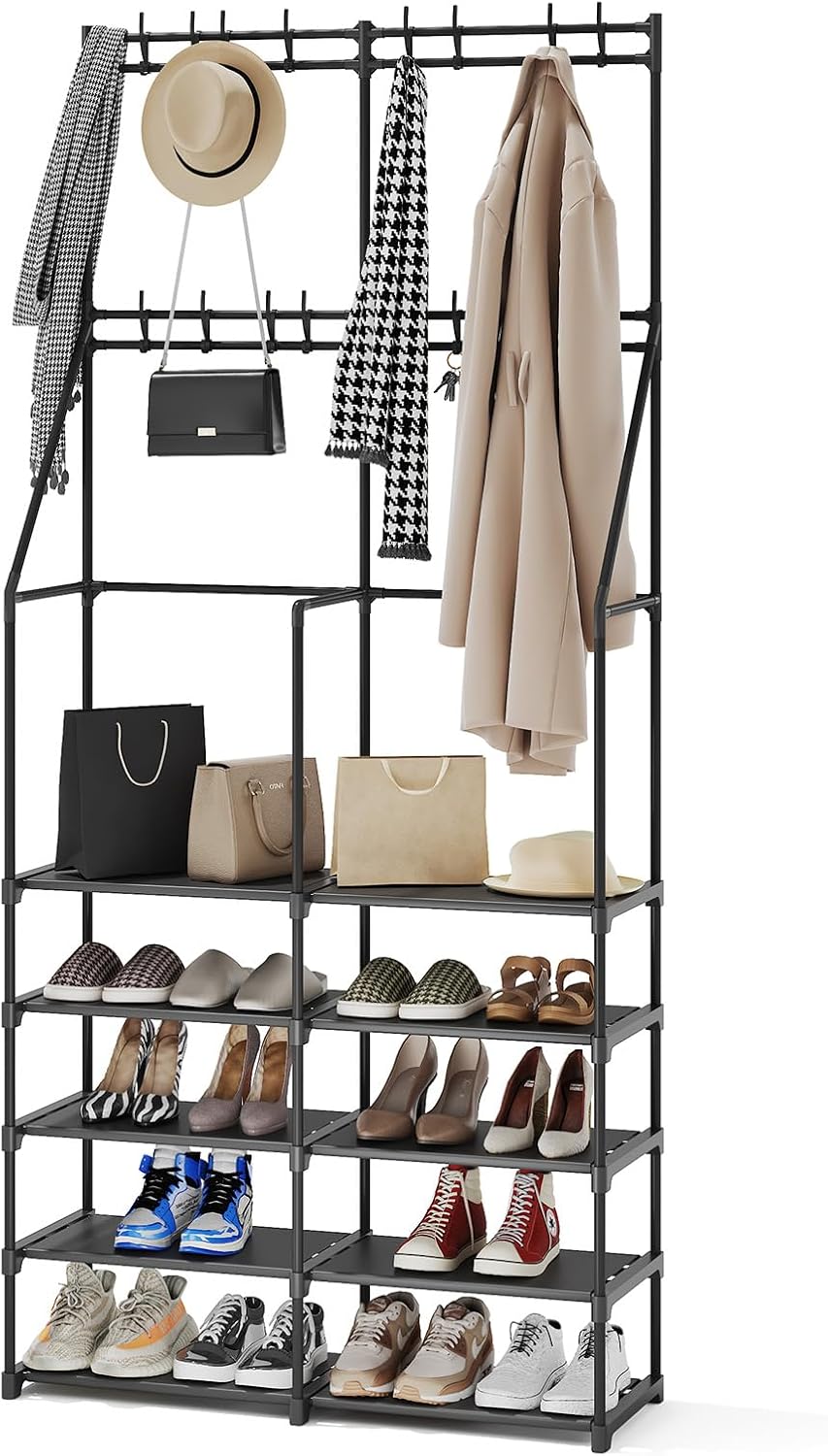 3-in-1 Double Row Coat Shoe Rack Space-Saving Entryway Furniture, Hall Tree with Shoe Storage, Multifunctional Solution, 16 Hooks, Black