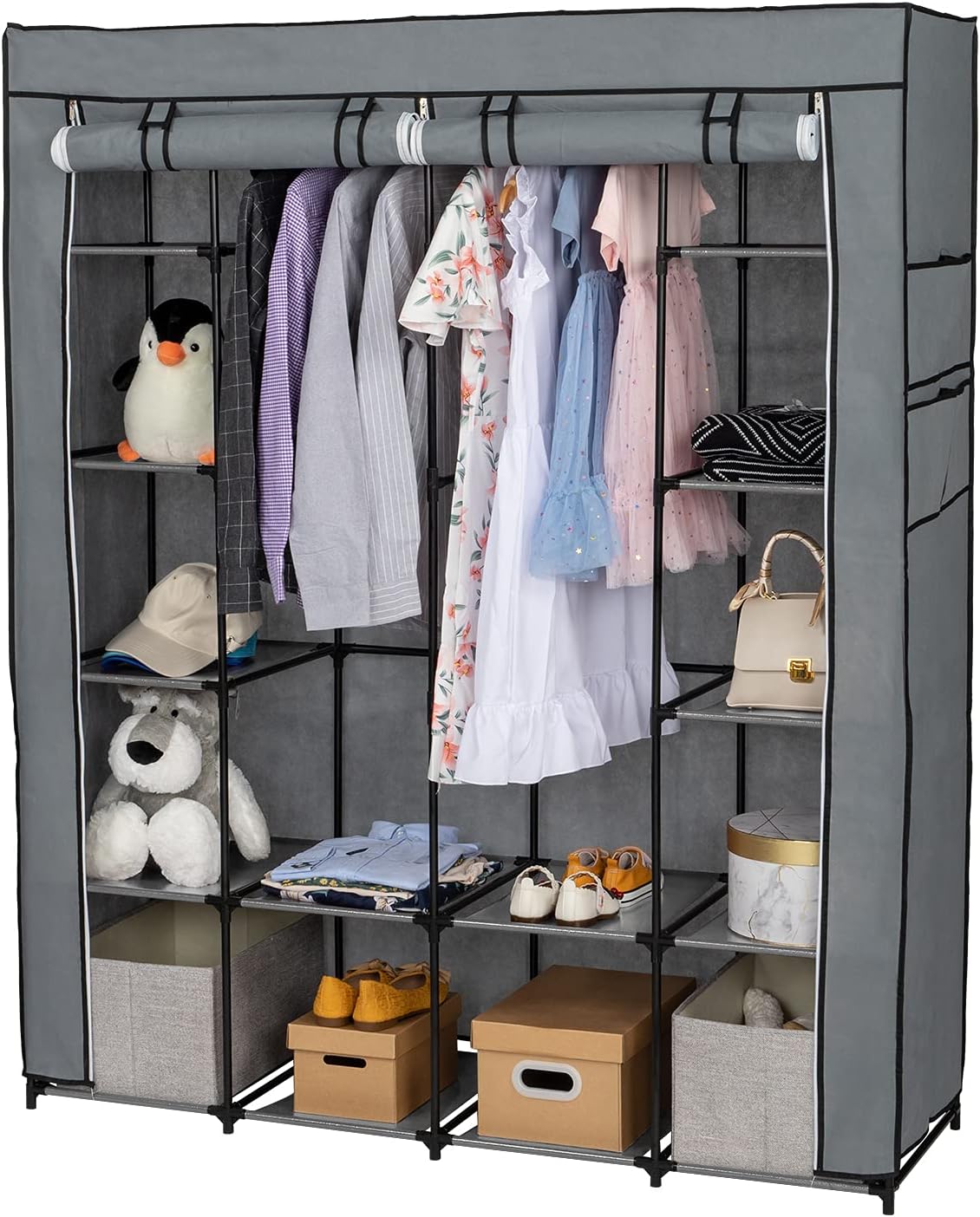 Portable Closet Organizer Storage, Wardrobe Closet with Non-Woven Fabric 14 Shelves Storage Organizer, Easy to Assemble, Grey for Bedroom,Entrance,Living Room,Gray