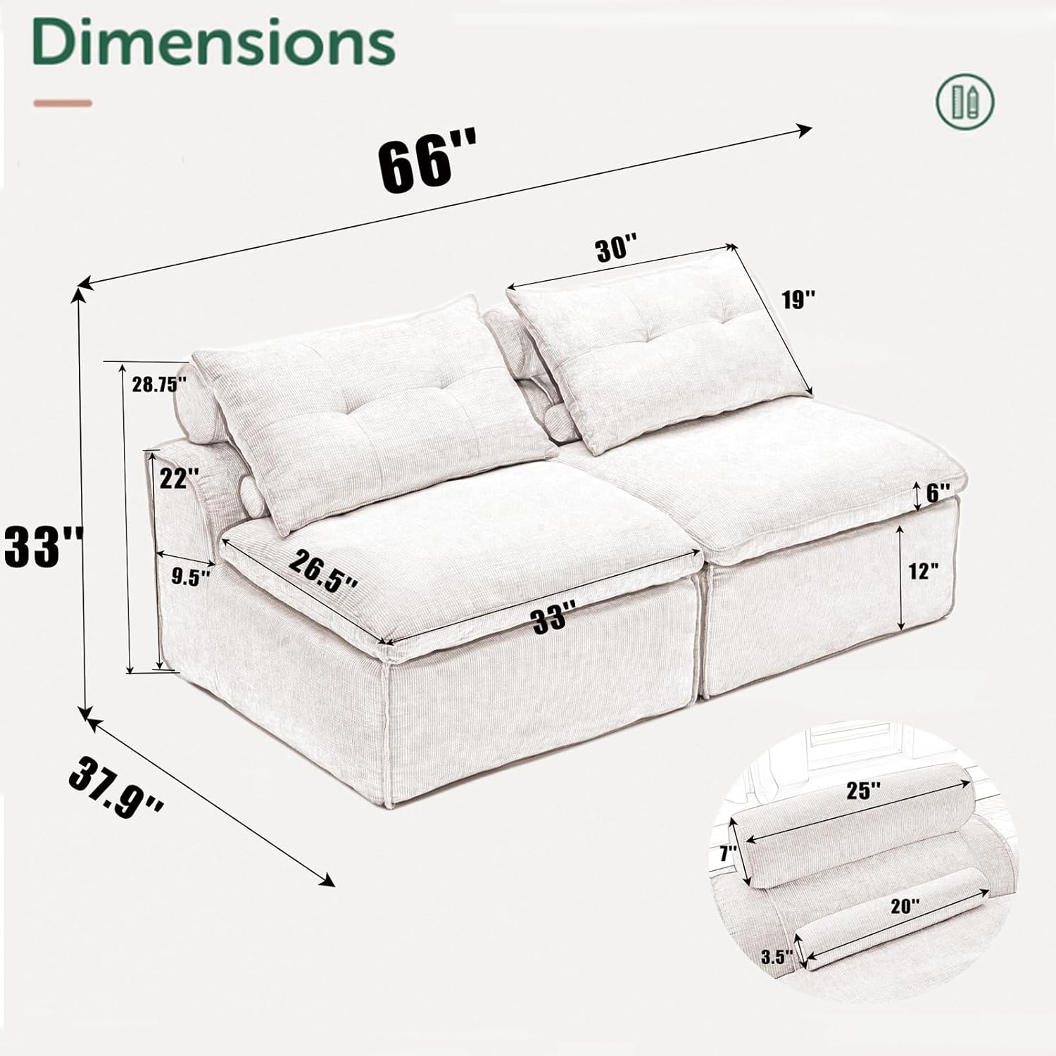 Modular Sectional Couch with Corduroy Fabric, Modern Sleeper Sofa with Lumbar Pillow for Living Room, Reading Nook or Apartment, No Armrests, at Will DIY (2, Beige, Upholstered)