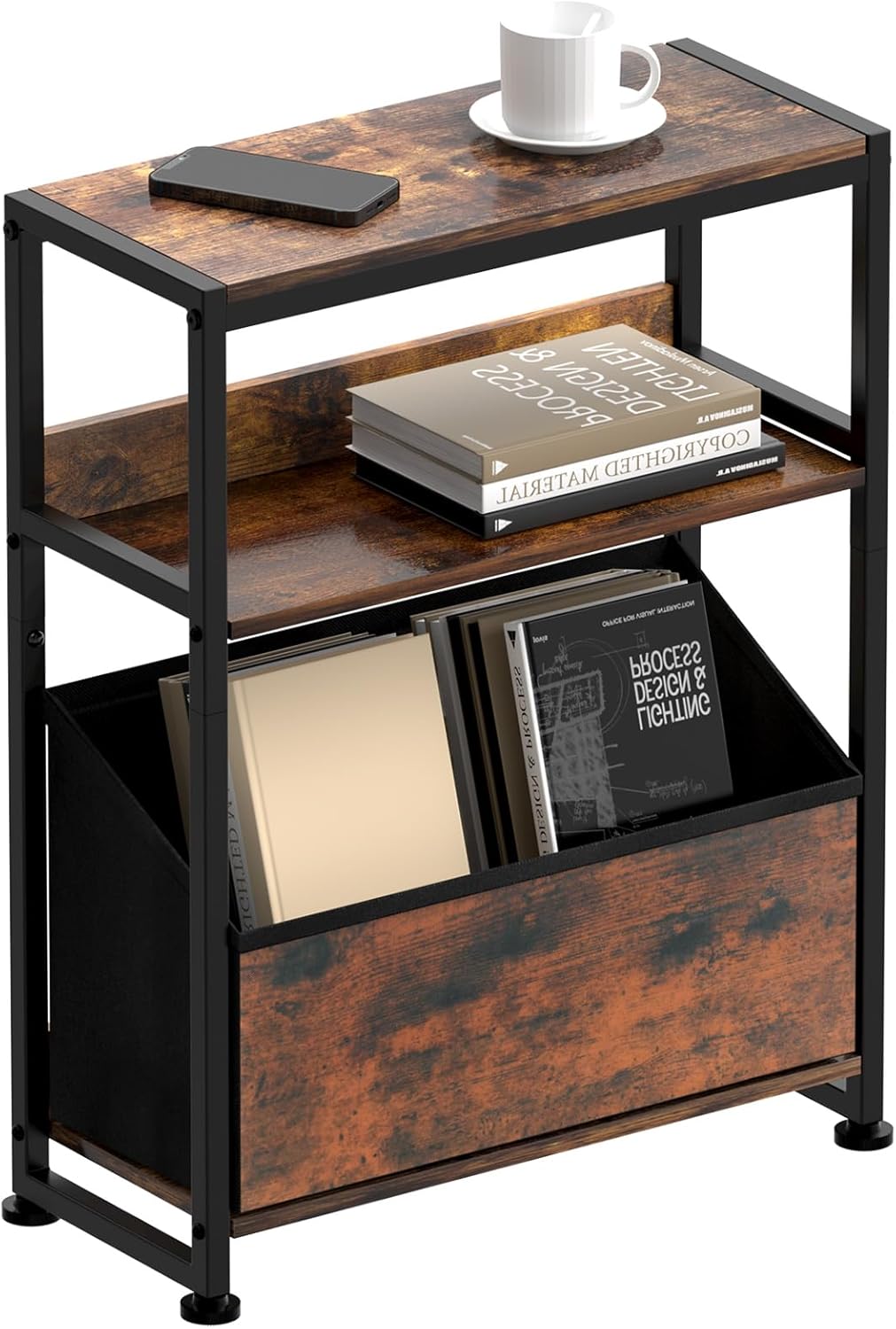 Seydrey 3 Tier End Table, Small Side Table for Small Space, Sofa Table with Fabric Drawer, Bedside Tables with Storage Shelf for Living Room, Bedroom, Lounge, Rustic Brown
