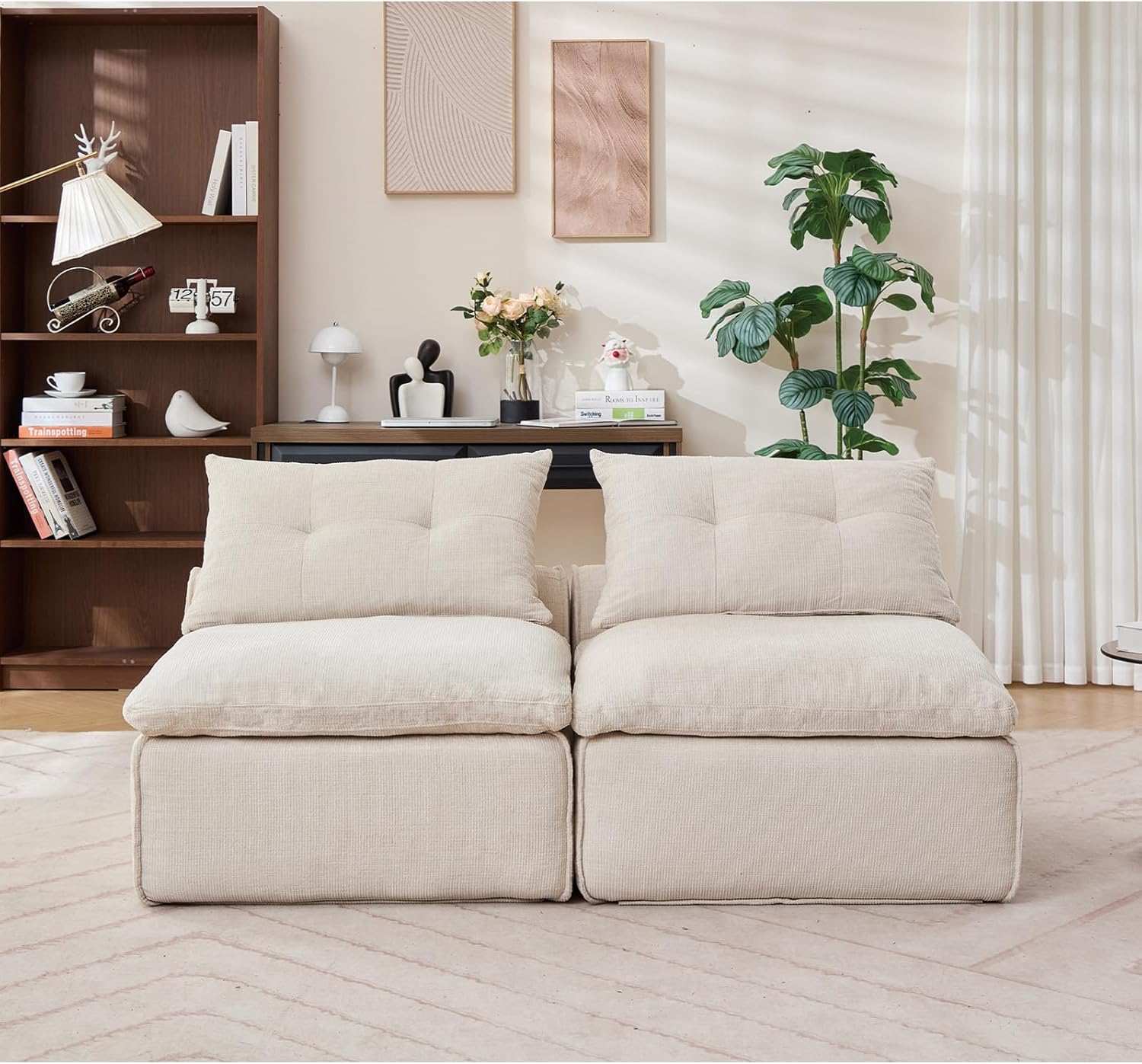 Modular Sectional Couch with Corduroy Fabric, Modern Sleeper Sofa with Lumbar Pillow for Living Room, Reading Nook or Apartment, No Armrests, at Will DIY (2, Beige, Upholstered)