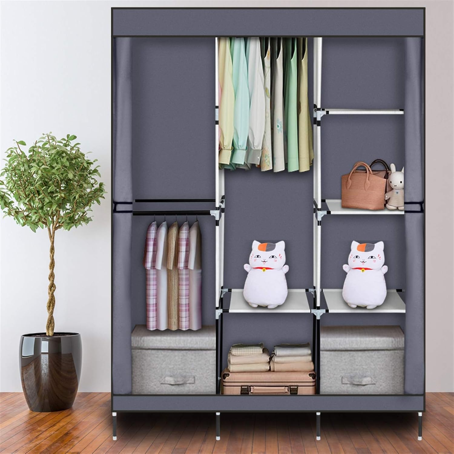 71" Portable Closet Wardrobe with Shelves & Hanging Rod - Heavy Duty Non-Woven Fabric, Steel Frame, Dustproof Cover - Space Saving Storage Organizer for Bedroom, Walk-in Closet (Gray)