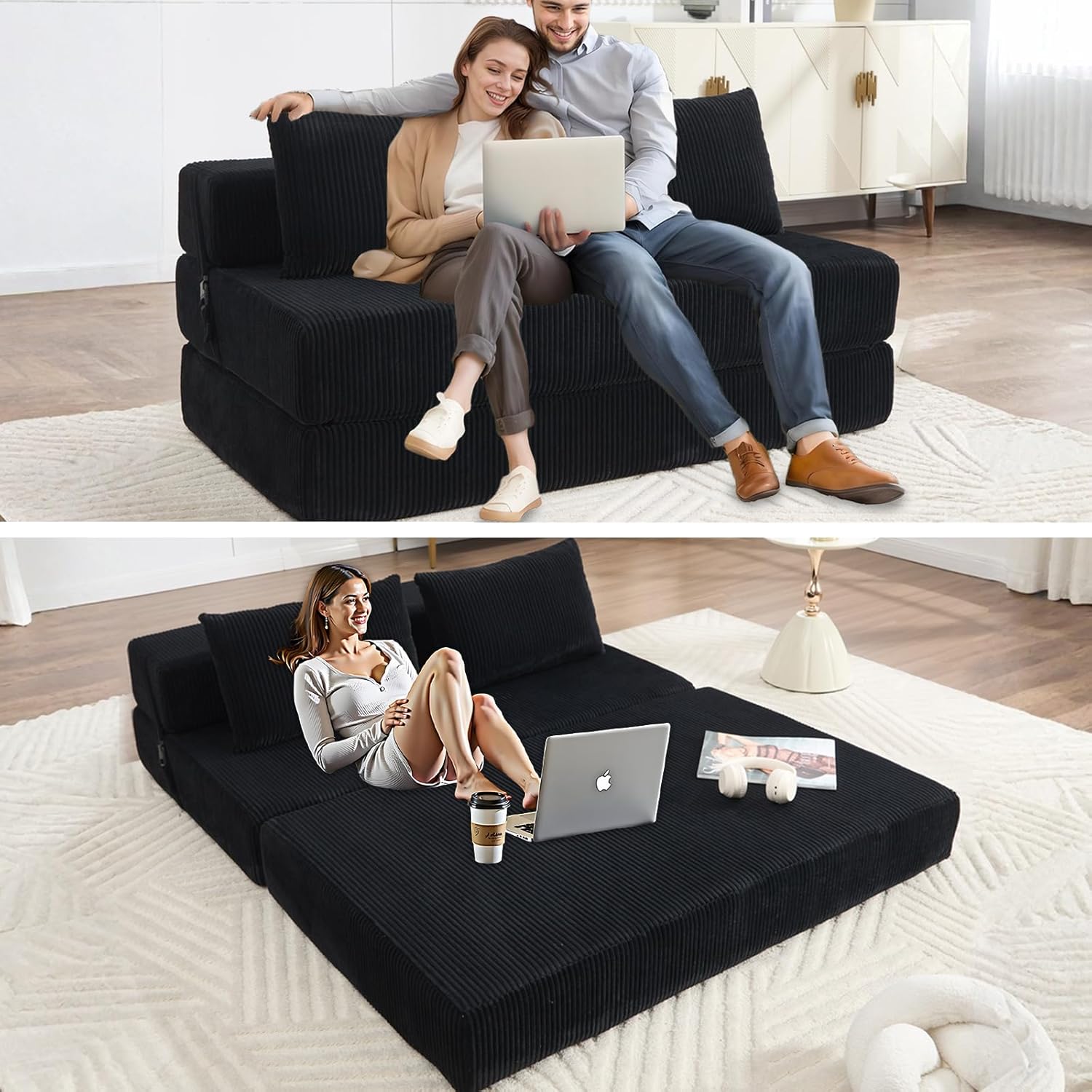 55’’ Convertible Sofa Bed for Adults, Corduroy Folding Sofa Bed Couch & Modular Floor Couch Foldable for Small Spaces Living Room Bedroom, Boneless Memory Foam, 300Lbs Capacity (Green)