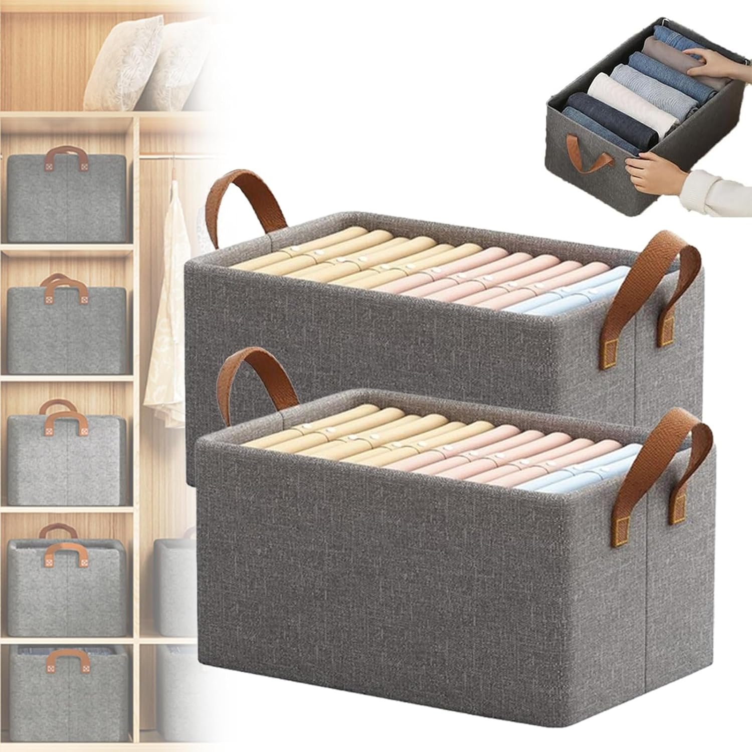 Civilizek Cation Multi-Functional Folding Wardrobe, Folding Wardrobe Storage Box, Pickelect Storages Boxes, Large Wardrobes Clothes Storage Organizer with Handle (Khaki 2PCS)