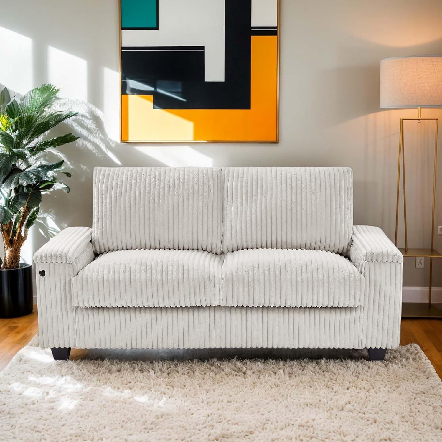 Anwick 71" Modern Loveseat Sofa, Corduroy 2-Seater Couch with Storage Armrest, USB Charging Port & Side Pockets, Small Sofa for Living Room, Bedroom, Office, Apartment (Beige)