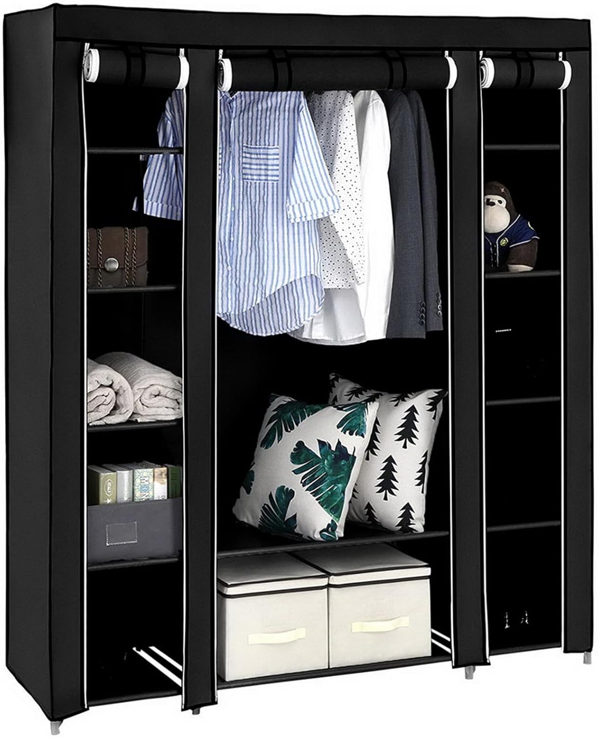 Portable Closet, 69 Inch Wardrobe Closet for Hanging Clothes with Long Hanging Rod and 12 Storage Organizer Shelves, Non-Woven Fabric Quick and Easy to Assemble Extra Strong and Durable, Black