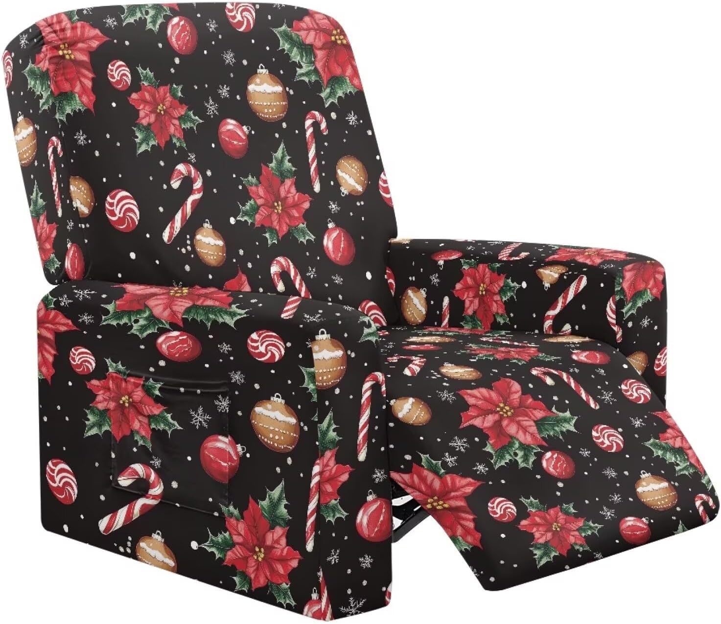 Christmas Recliner Chair Covers 4 Pcs Xmas Decoration Red Floral Recliner Cover with Side Storage Pockets Anti-Scratch Removable Reclining Furniture Protector