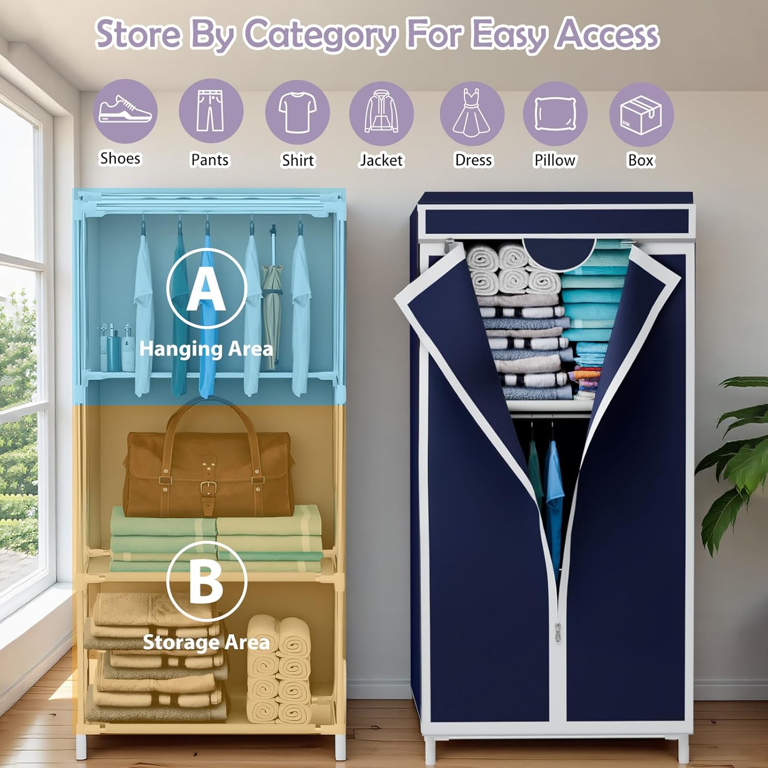 16mm Portable Wardrobe with Hanging & Folding Sections, T-Zipper Design & Full-Cover Dustproof Cover for Bedroom, Apartment, Dorm