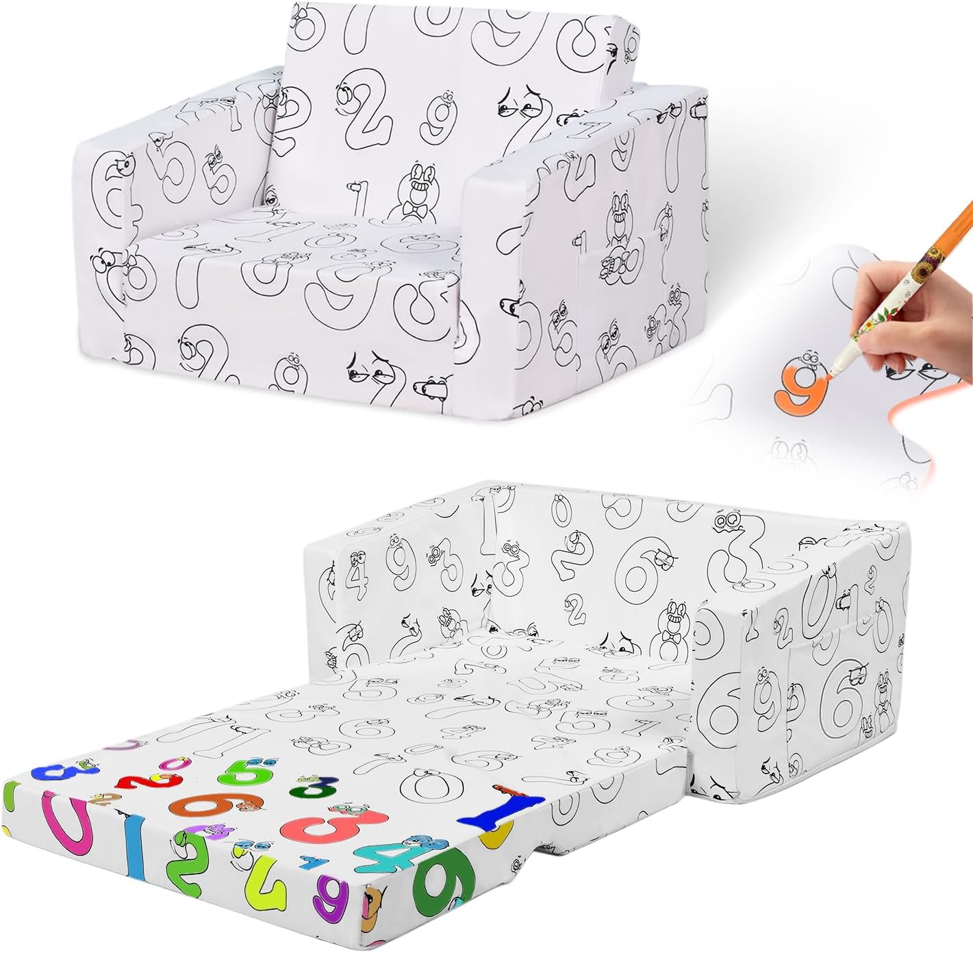 2-in-1 Convertible Sofa to Toddler Lounger - Convertible Floor Sofa Bed, Doodle Art Furniture with Removable Cover (Egg Buddy)