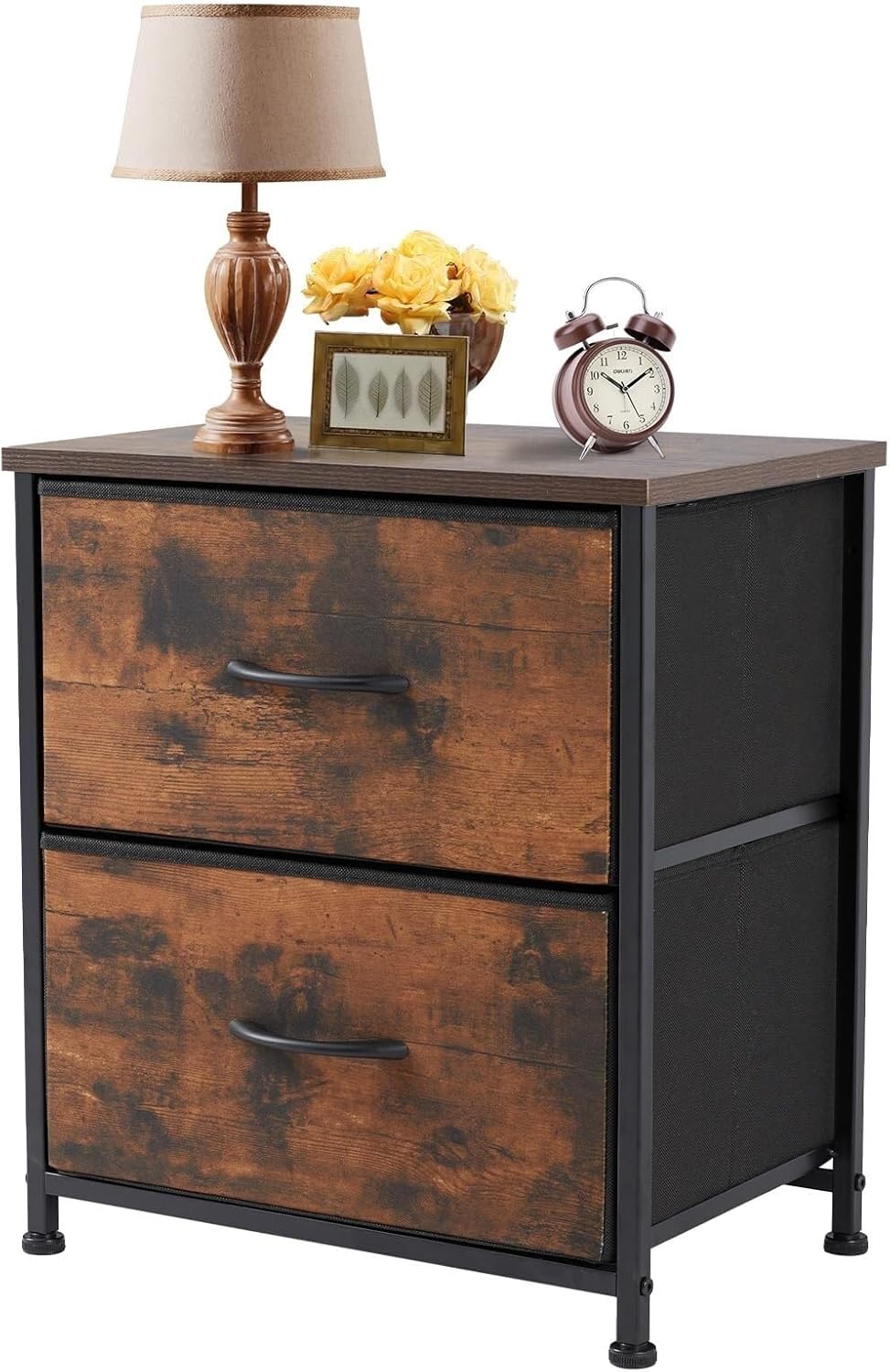 Makeup Vanity Set with Mirror and Lights Wood Top Fabric Cabinet Kids Nightstand with 2 Storage Drawers 20 Inch High Small Bedside Furniture Side Table