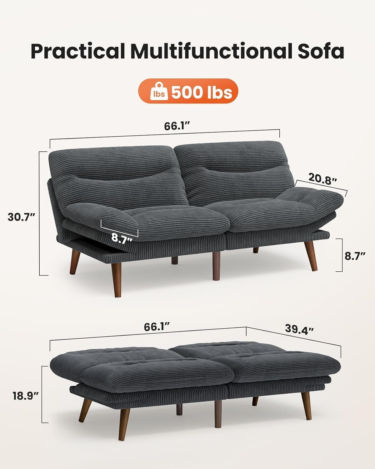 Convertible Futon Sofa Bed,Corduroy Futon Couch with Adjustable Backrest and Armrests, Recliner Sleeper Sofa for Small Spaces for Living Room, Bedroom, Apartment,Grey