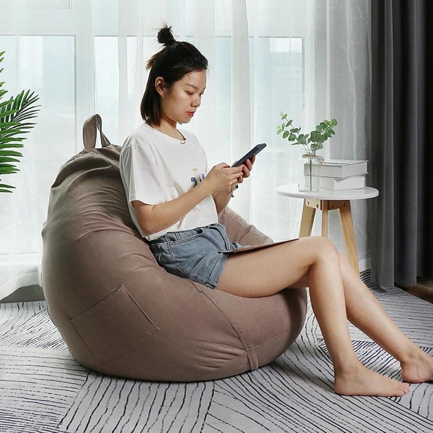 NIBHZ Lazy Sofas Cover Chairs Without Filler Linen Soft Micro-Fiber Bean Bag Chairs Cloth Lounger Seat Bean Bag Pouf Puff Couch for Adults (No Filler),Brown-75X85CM