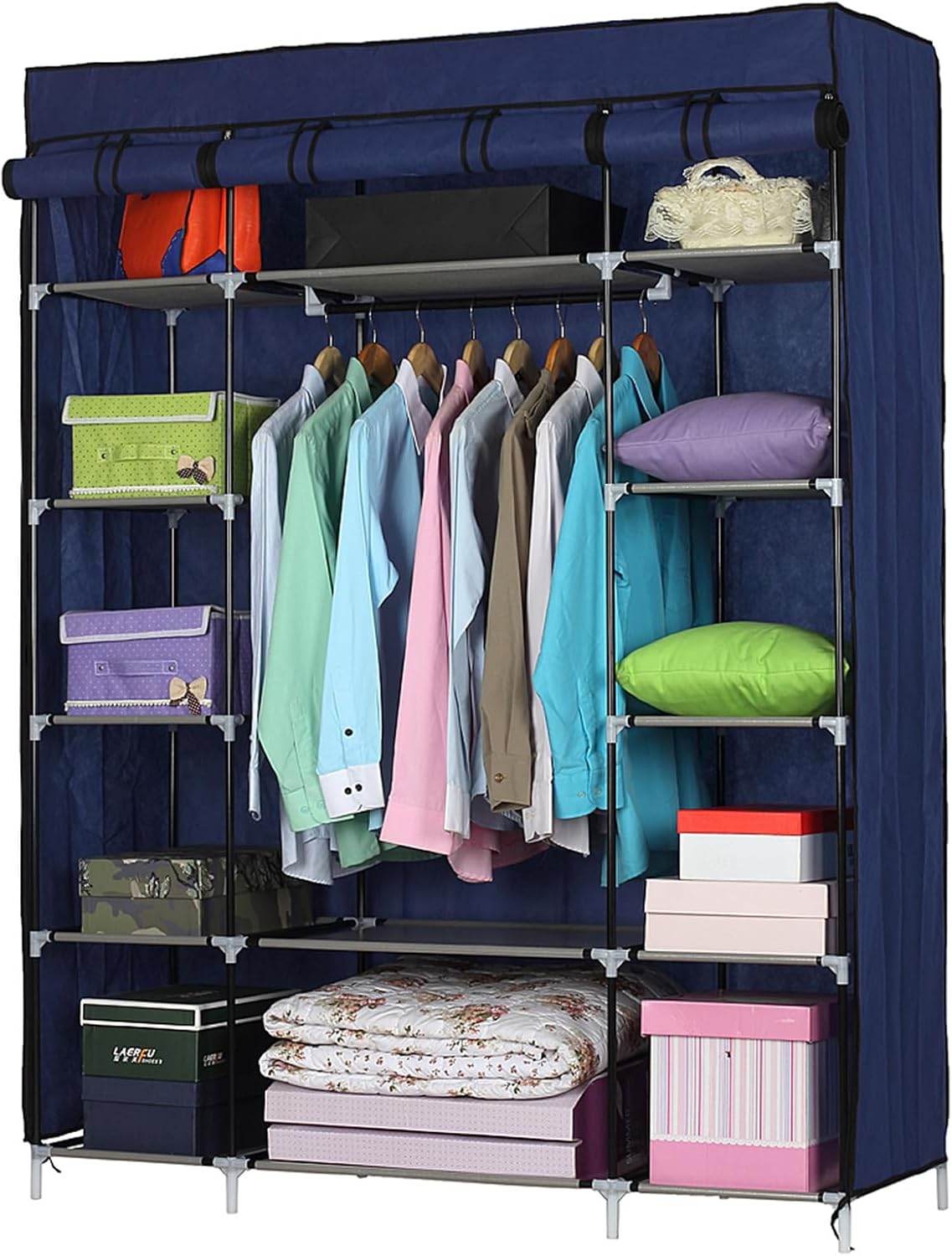 5-Tier Stand up Closet for Clothes, 12-Compartment Foldable Closet Portable Wardrobe with Cover, Navy Space-Saving Storage Organizer for Bedroom, Durable Frame & Rolling Doors, Ideal for College Dorm