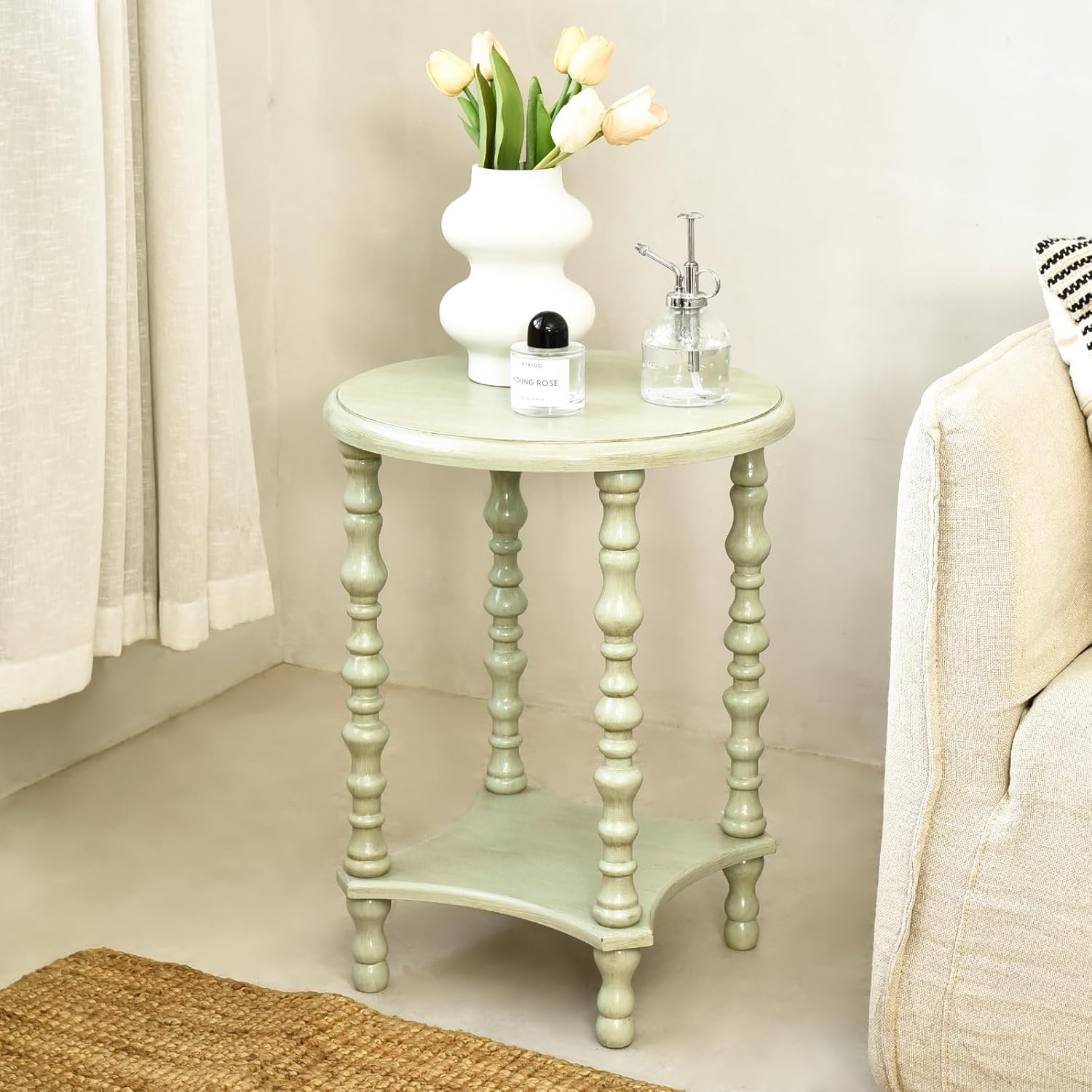 Round End Table, 2 Tier Side Table, Wood Bedside Table with Metal Frame, Distressed Beaded Edge Side Table, French Rustic Coffee Table for Living Room, Bedroom, Balcony, Patio