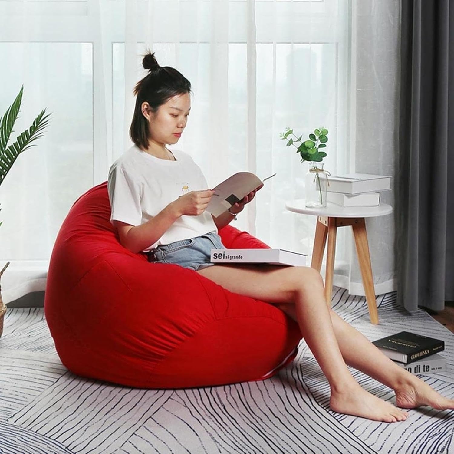 NIBHZ Lazy Sofas Cover Chairs Without Filler Linen Soft Micro-Fiber Bean Bag Chairs Cloth Lounger Seat Bean Bag Pouf Puff Couch for Adults (No Filler),Red-75X85CM