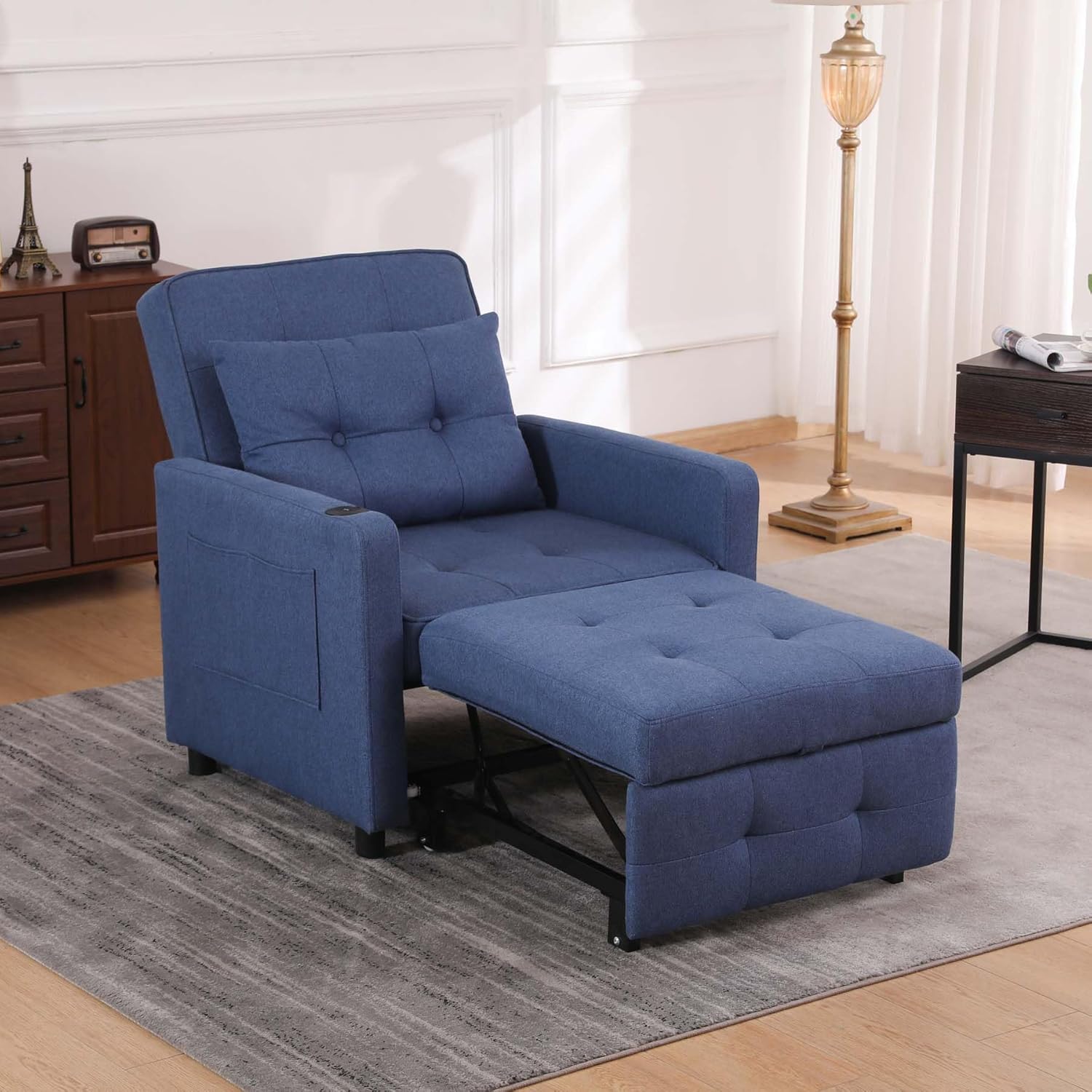 Convertible Chair Bed Sleeper for Adults, 3 In 1 Sofa Bed Chair with USB, Bedroom Sleeper Chair Pull Out Beds with Adjustable Back & Pocket,Fabric Chair That Turns Into Beds For Living Room(Navy Blue)