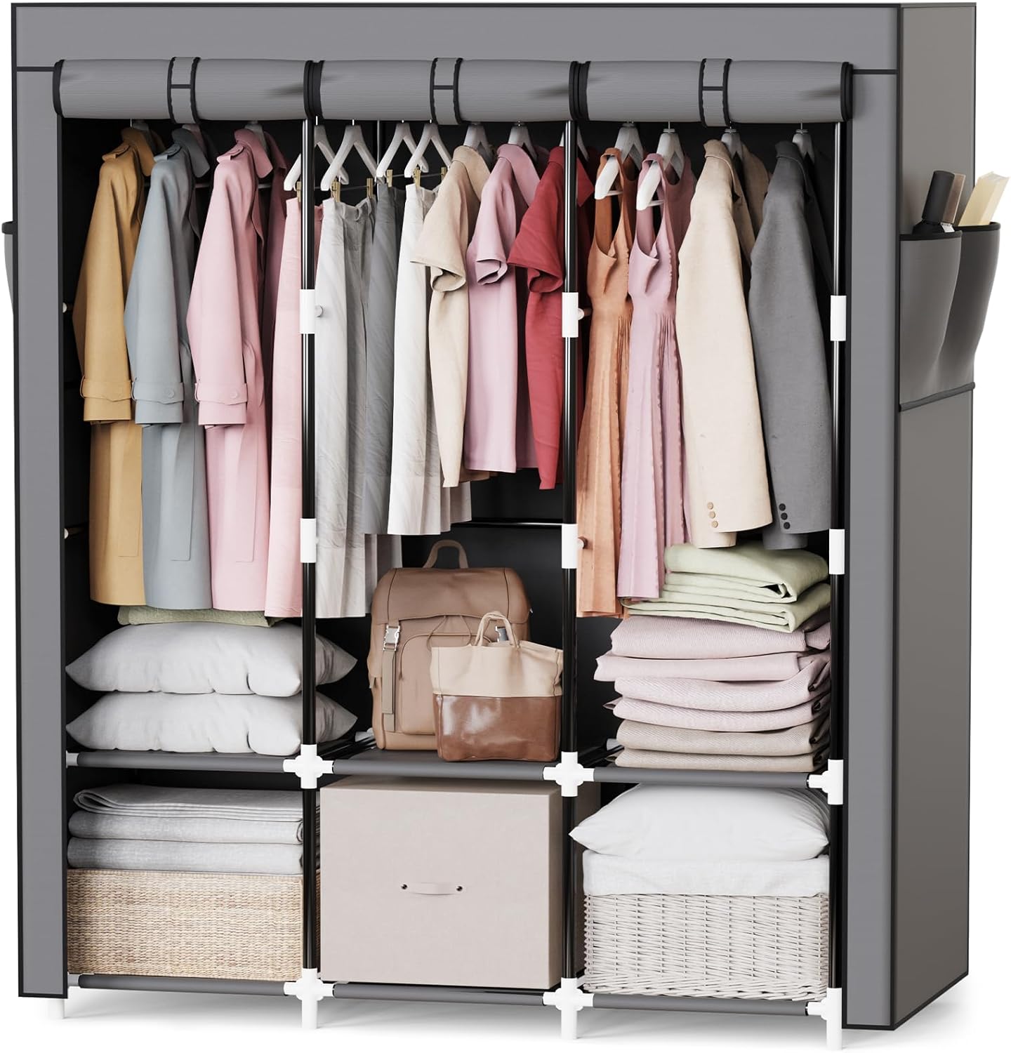 Mavivegue Portable Closet, Wardrobe Closet Organizer with Cover, 3 Hanging Rods and Shelves,Large Capacity for Bedroom, Living Room, Black, 50" W x 17" D x 64" H