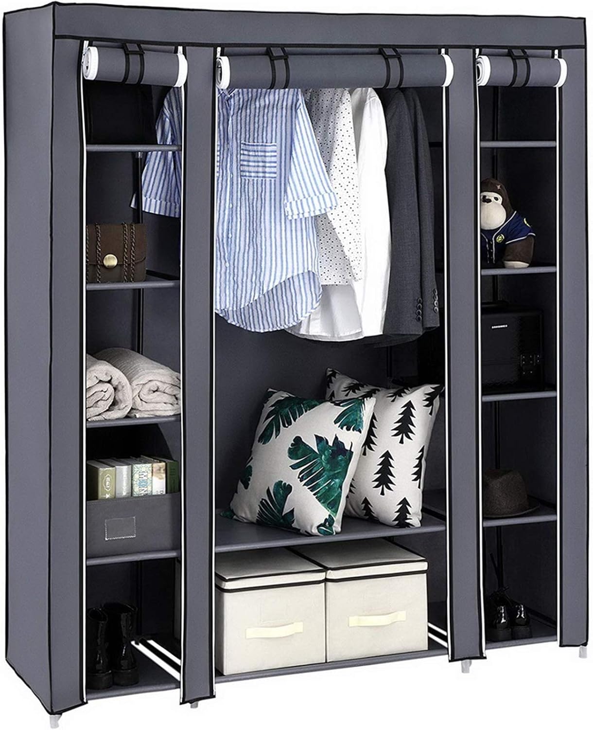 69" Portable Clothes Closet Wardrobe Storage Organizer with Non-Woven Fabric Quick and Easy to Assemble Extra Strong and Durable Gray