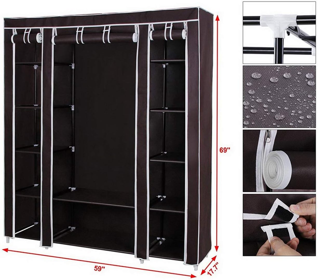 69" Portable Clothes Closet Wardrobe Storage Organizer with Non-Woven Fabric Quick and Easy to Assemble Extra Strong and Durable Dark Brown Closet Organizer with Protective Cover MITPATY