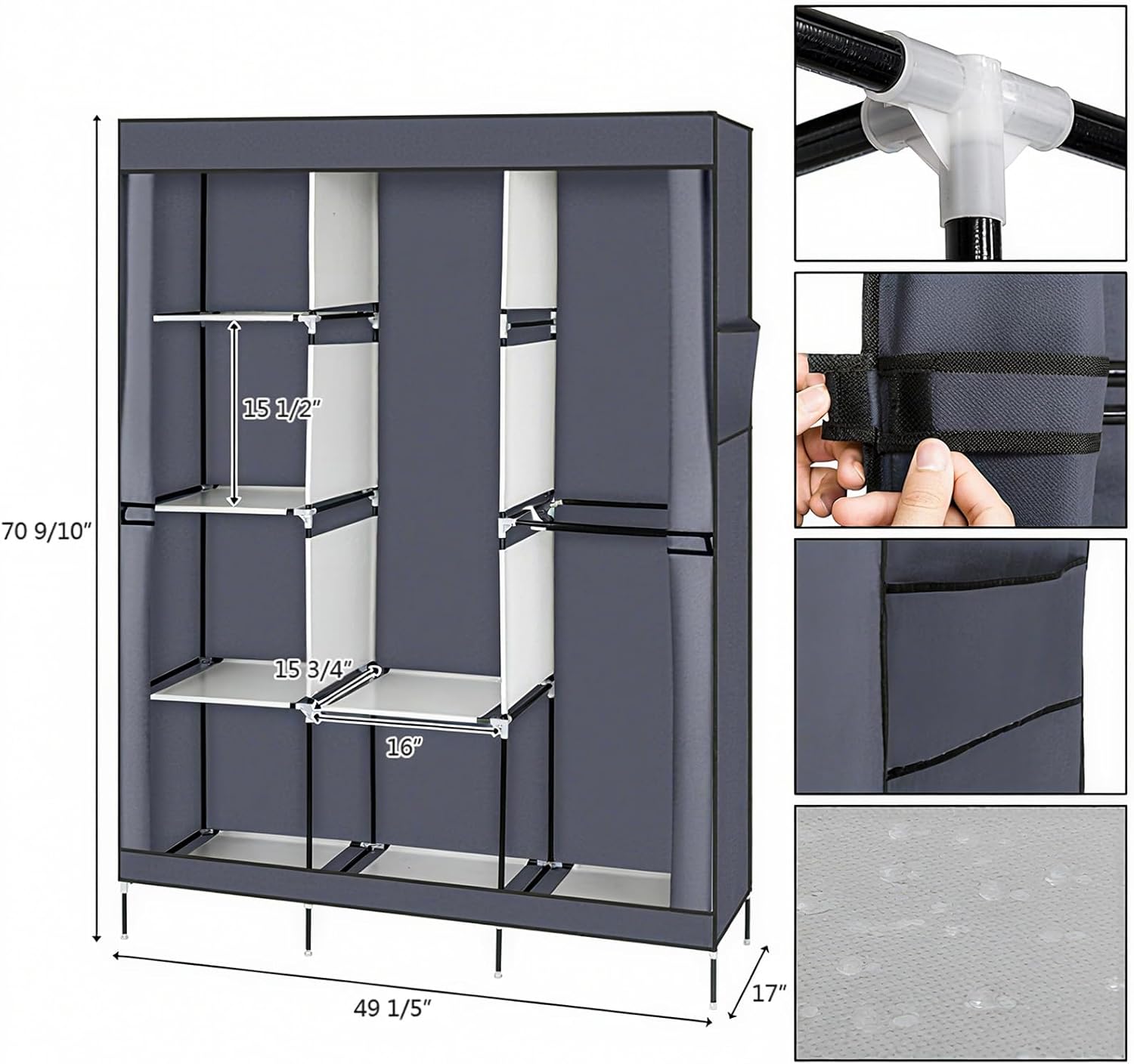 71" Portable Wardrobe Closet with Cover, Foldable Closet with 8 Shelves & Hanging Rod, Stand Up Wardrobe for Bedroom Storage Organizer, Gray