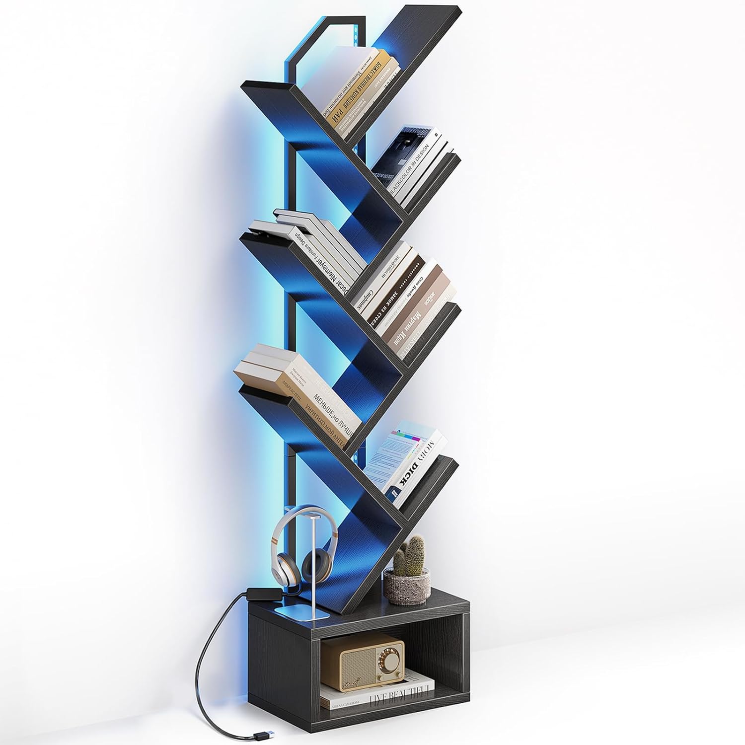 Casaottima 6-Tier Tree Bookshelf — Narrow Floor Standing Bookcase, Tall Steel & Wood Book Organizer Shelf with Cabinet, Home Decor for Living Room/Bedroom/Home Office, Vintage