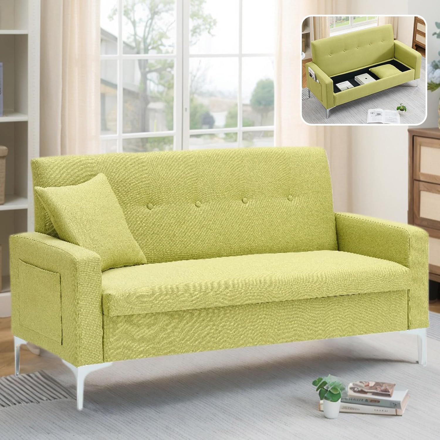 57" Green Loveseat Sofa with Storage, Modern Love Seat Couches with Comfy Pillow & Side Pocket/Metal Legs, Cozy Small Sofas for Small Spaces Living Room Bedroom Office Dorm (Blue) (Gray)