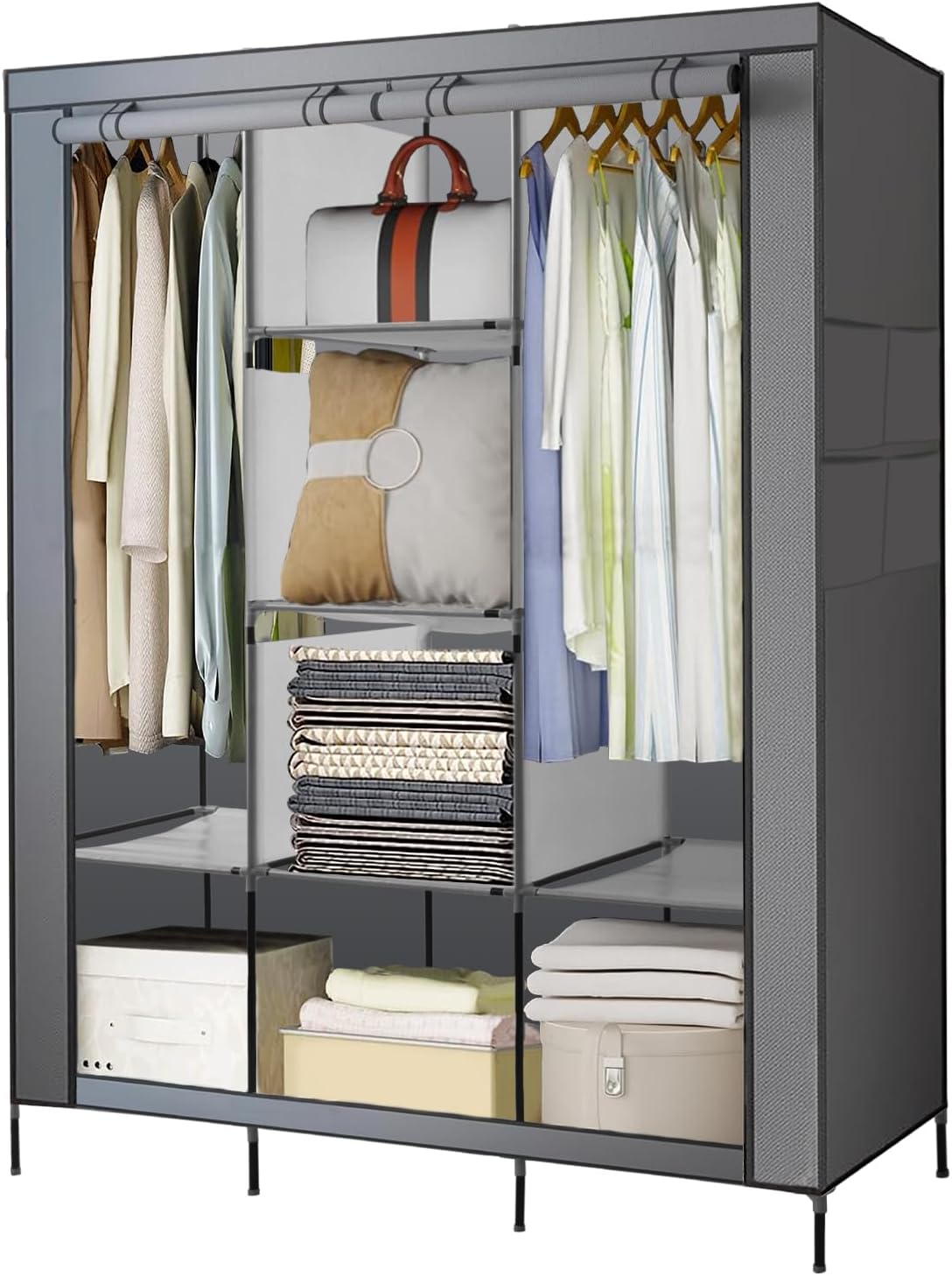 PLKO Portable Closet Wardrobe, 8 Clothes Storage Organizer Shelves,50 InchPortable Clothes Closet with 2 Hanging Rods,Extra Sturdy Wardrobe Closet for Bedroom,Grey