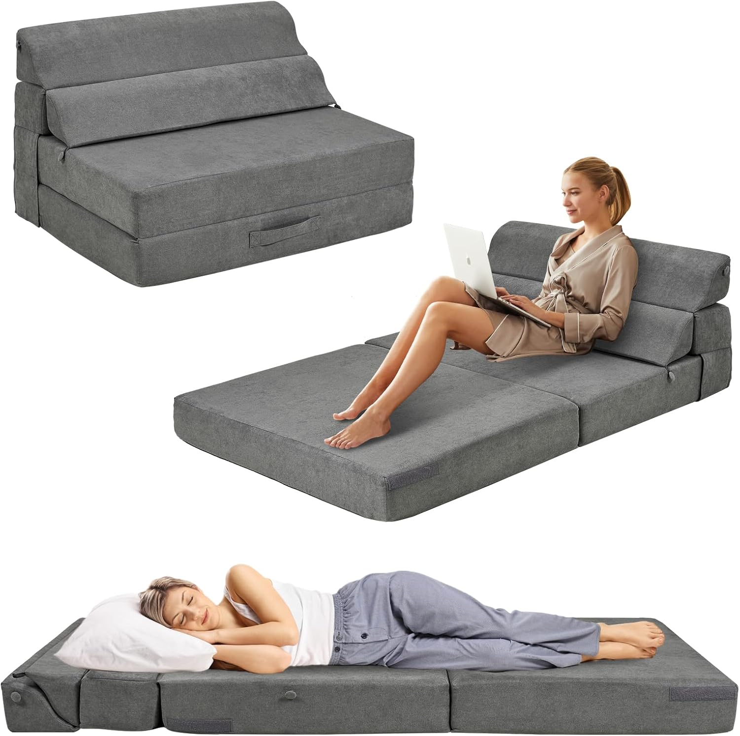 Folding Sofa Bed with Back Support, Convertible Sleeper Sofa Couch Foldable Floor Chair Mattress Comfy Floor Single Chair Lounge for Living Room Bedroom(77"x26", Grey)