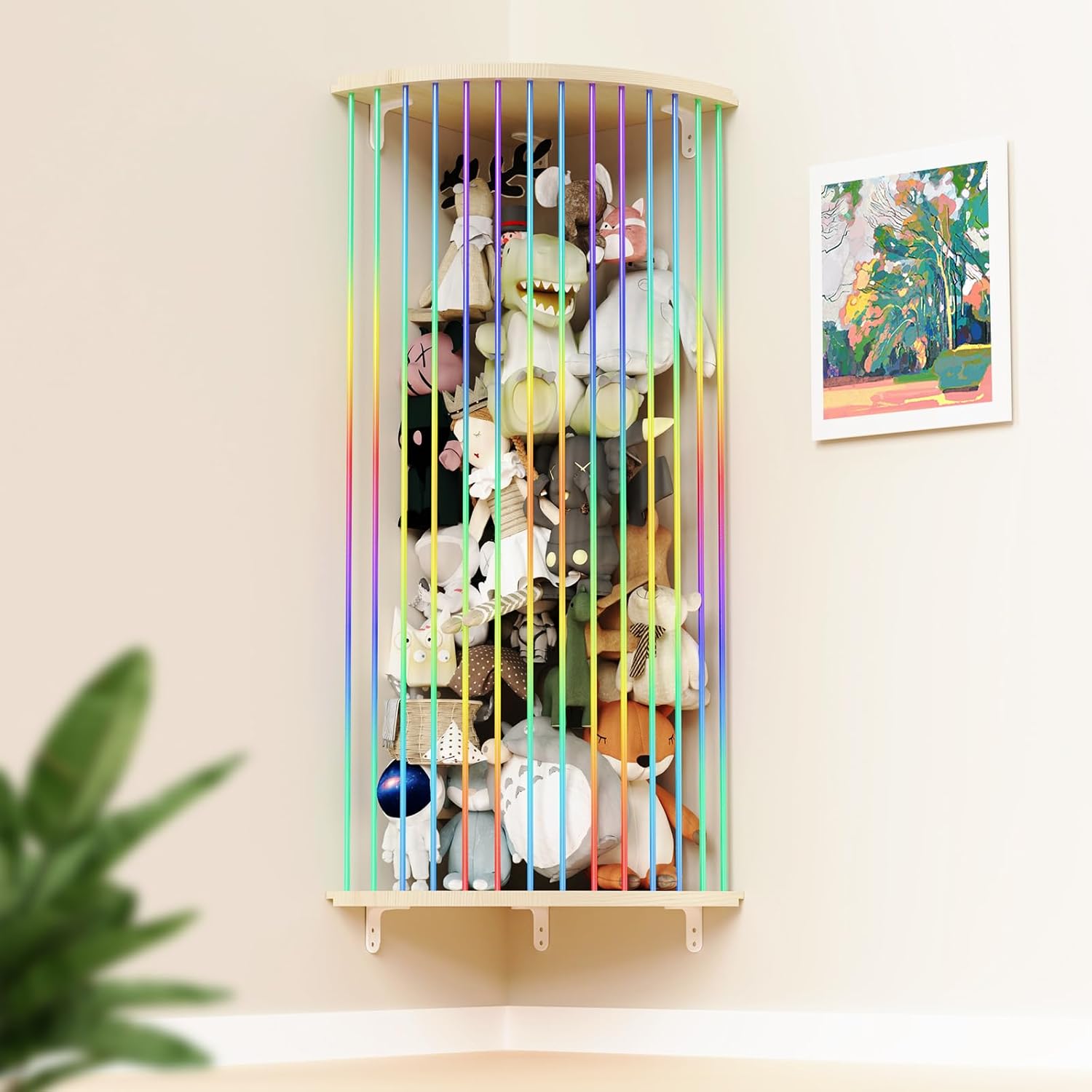 Stuffed Animal Storage Hammock, Wood Stuffed Toy Holder, Playroom Nursery Toy Storage Organizer, Decorative Wall Hanging Caddy Corner Stuffed Animal Net, Soft Toy Net for Kids Room Décor