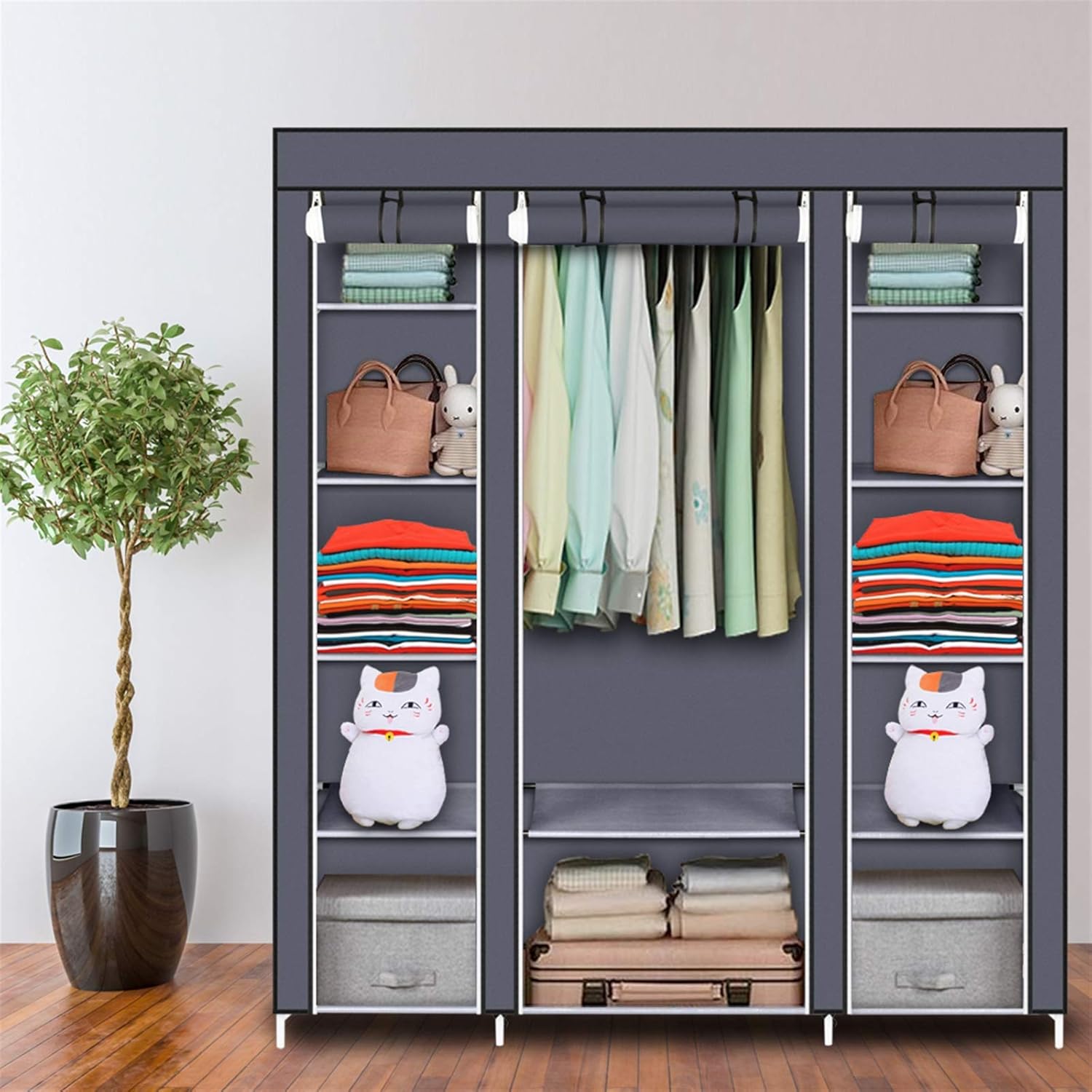 Non Woven Wardrobe, 5th Floor, 12 compartments, 150 * 45 * 175- Gray