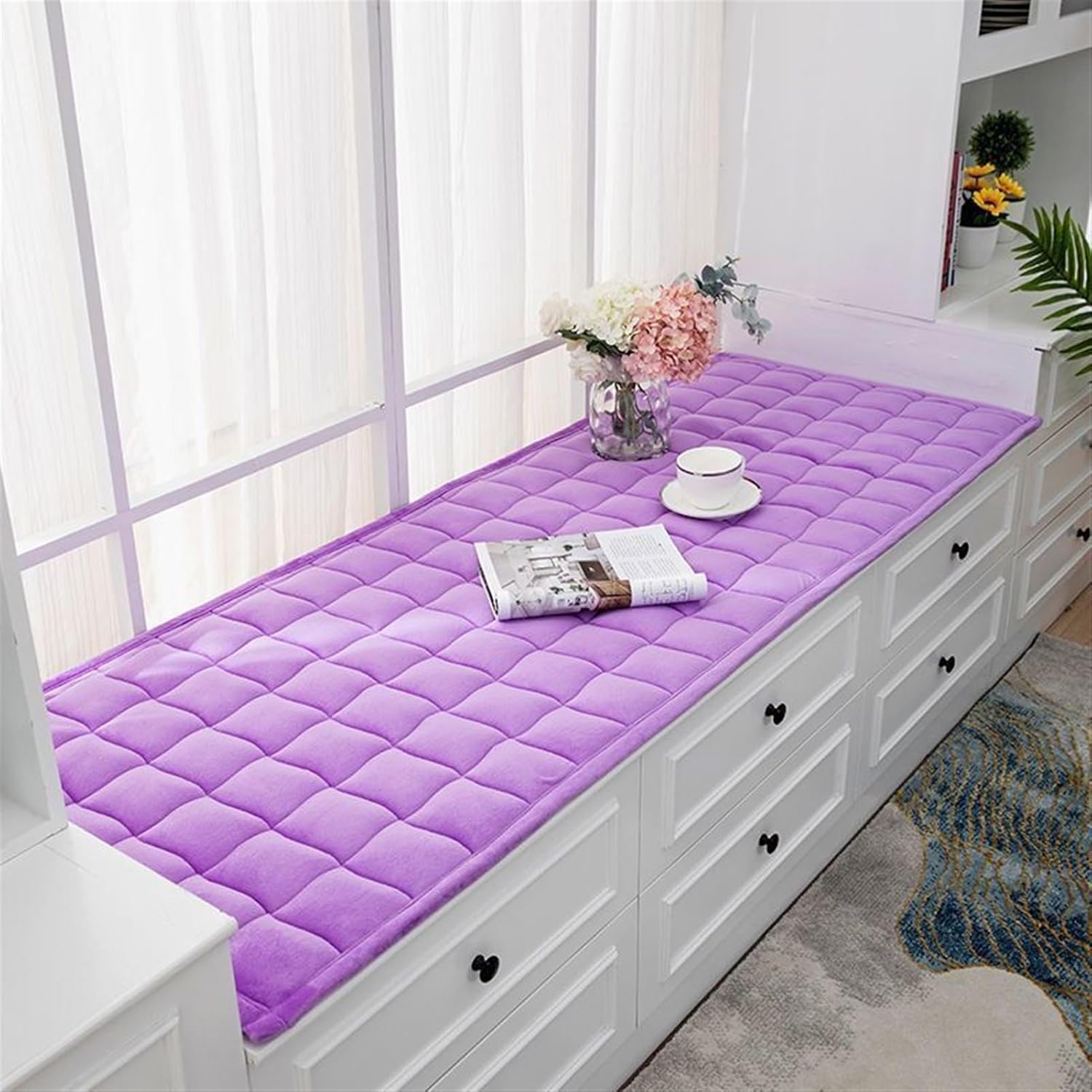 Bay Window Mat Non-Slip Indoor Window Seat Cushions Outdoor Patio Furniture Bench Cushion Modern Floor Mat Living Room Bedroom Carpet, Dark Pink, 28 x 63 Inches