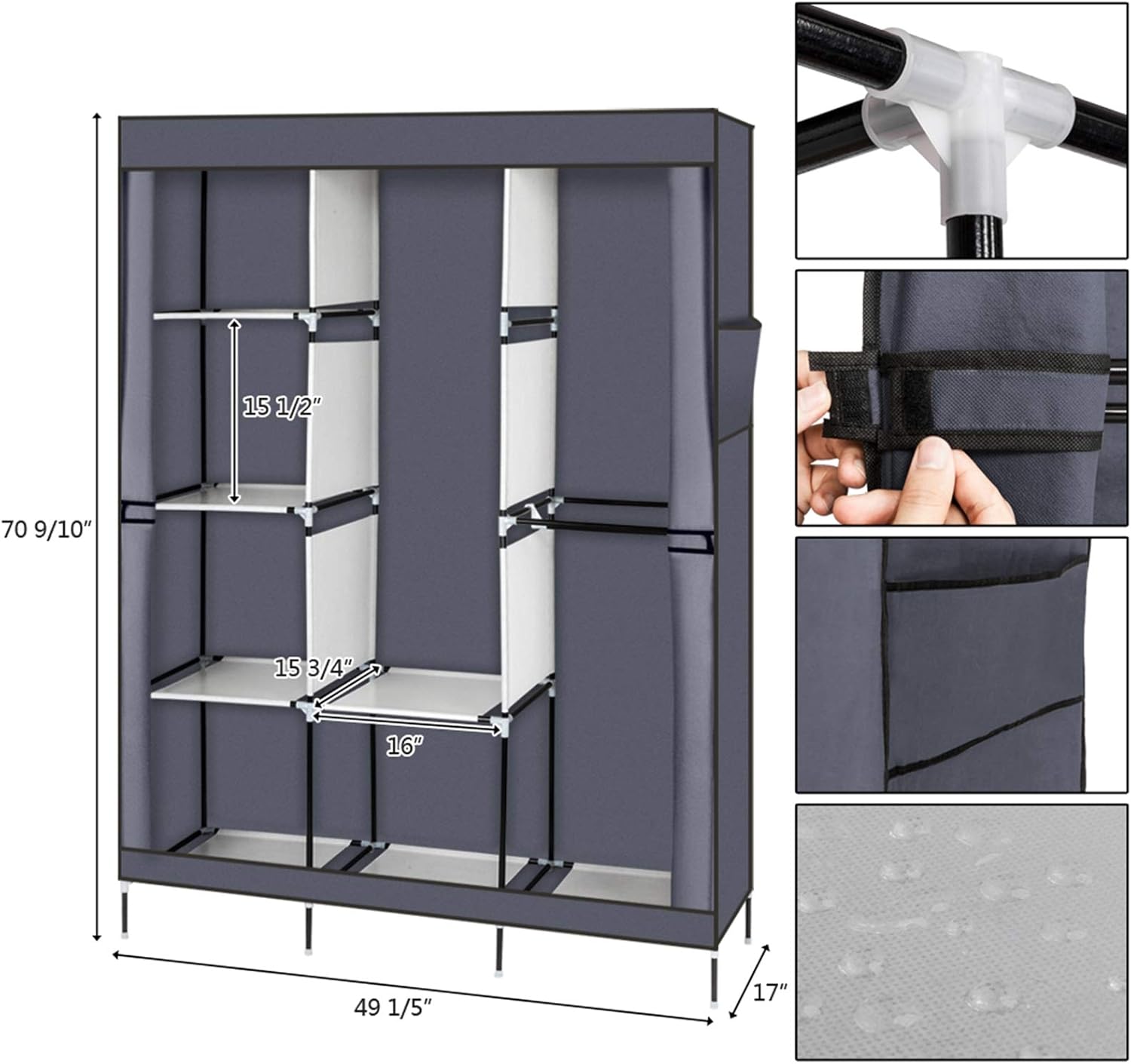 71" Portable Closet Wardrobe with Shelves & Hanging Rod - Heavy Duty Non-Woven Fabric, Steel Frame, Dustproof Cover - Space Saving Storage Organizer for Bedroom, Walk-in Closet (Gray)
