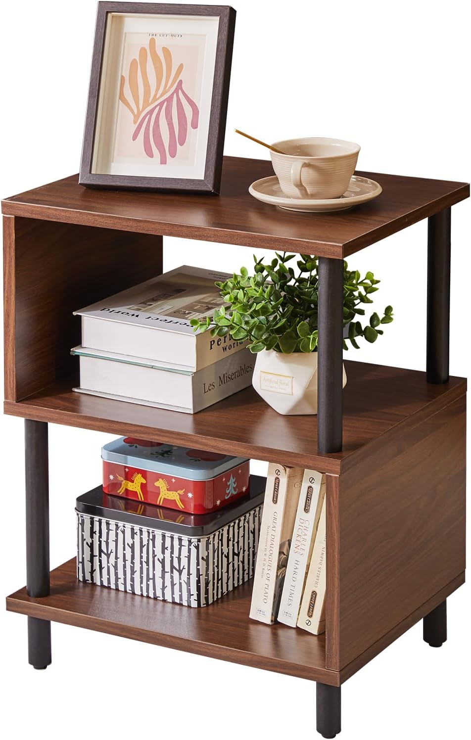 Wooden Night Stand with Open Shelf, Nightstand with Solid Wood Legs, S-Shaped Bed Side Table 3 Tier, End Table Natural Wood YD-TM152N