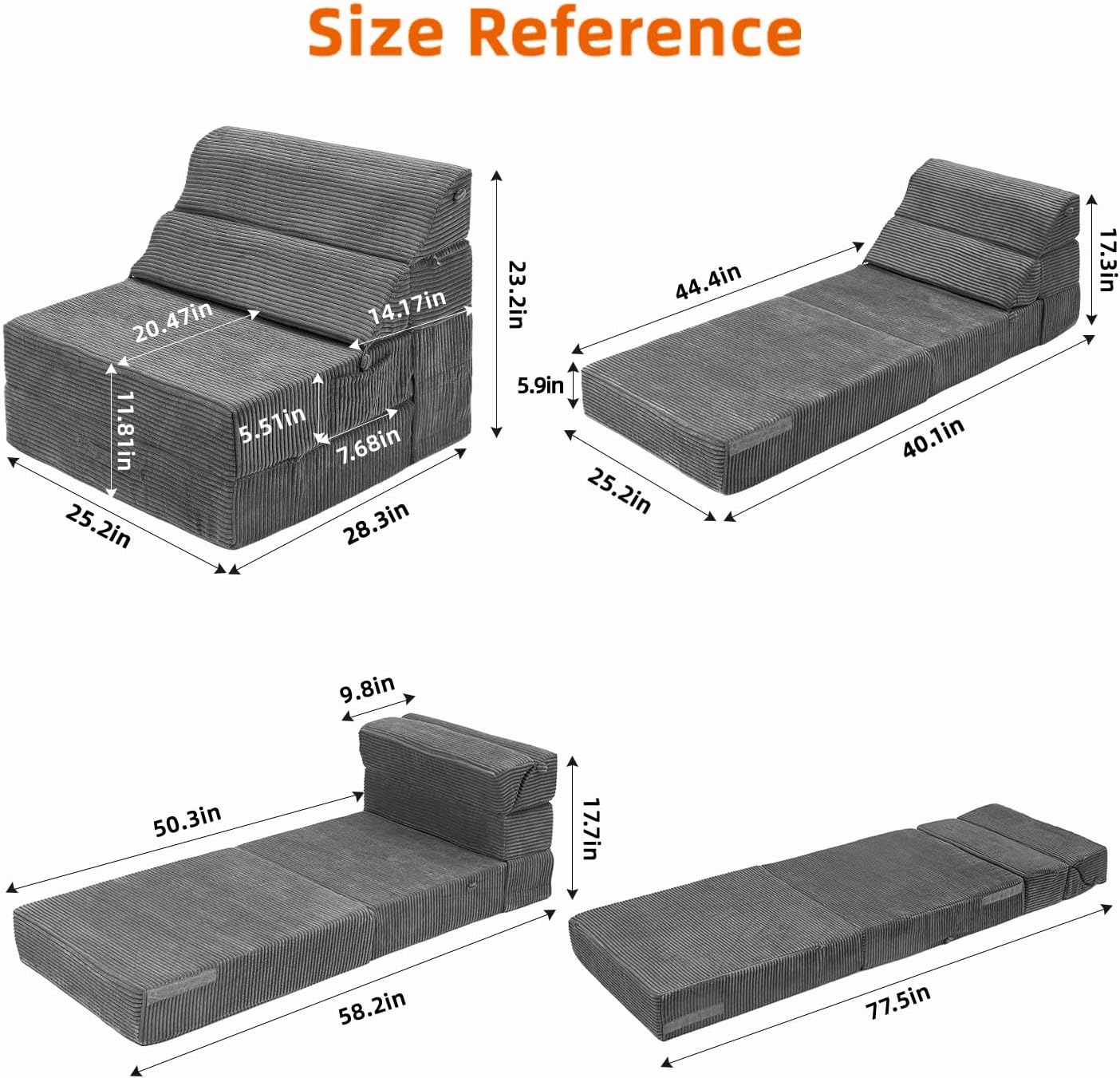 Cozy Folding Sofa Bed Convertible Sleeper Chair Couch Foldable Floor Mattress Comfy Floor Sofa Lounge for Living Room Bedroom(77"x26", Corduroy)