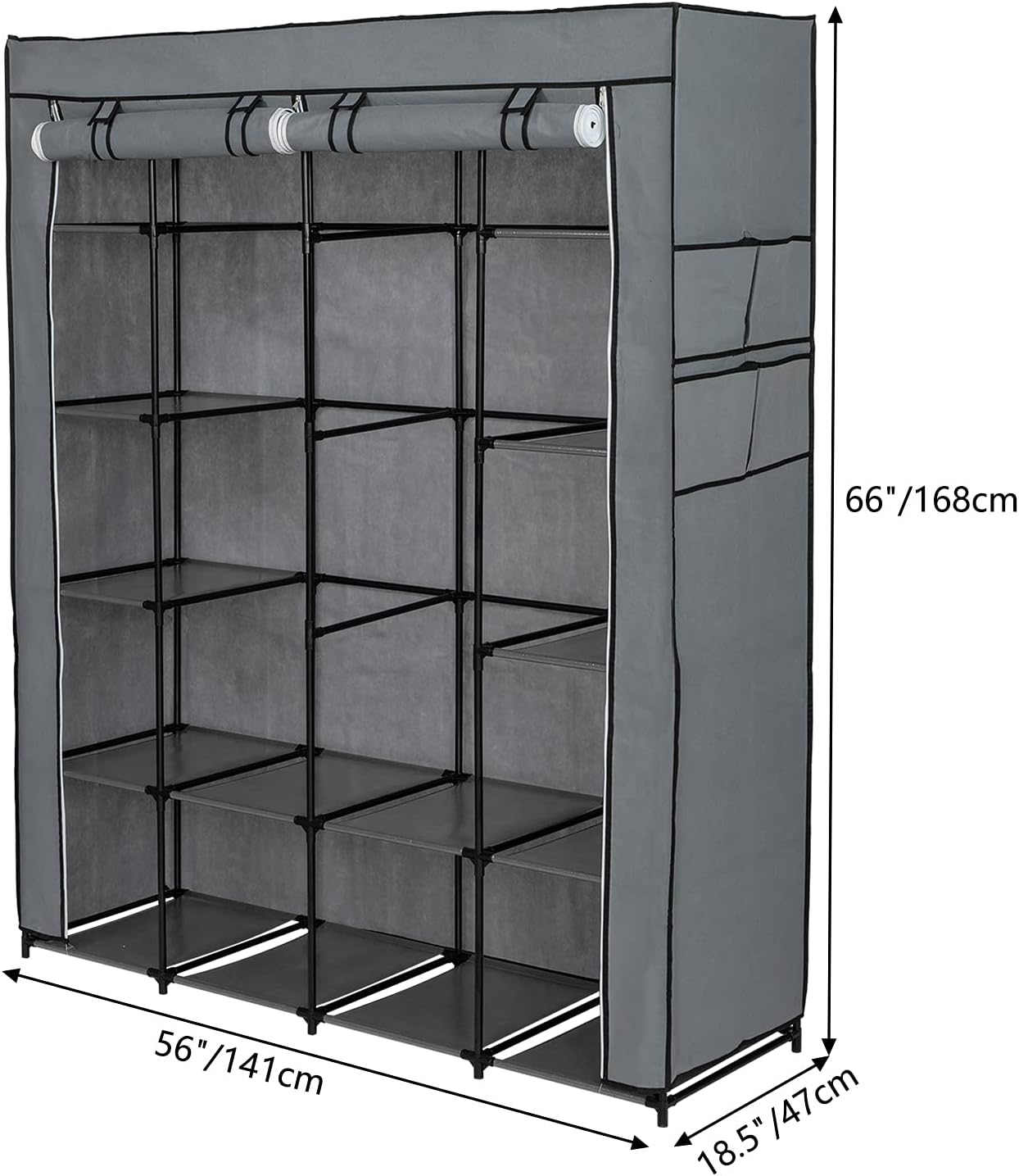 Portable Closet Organizer Storage, Wardrobe Closet with Non-Woven Fabric 14 Shelves Storage Organizer, Easy to Assemble, Grey for Bedroom,Entrance,Living Room,Gray