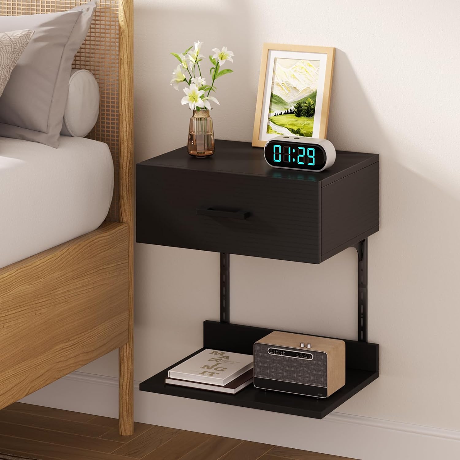 Floating Nightstand with Drawer, Modern Wall Mounted Nightstand, Floating Bedside End Table with Adjustable Shelf, Floating Night Stand, for Bedroom, Small Spaces, Bathroom, Black