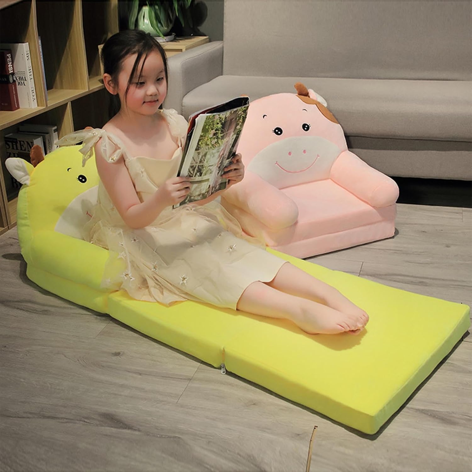 Fold small Plush Lazy Sofa, 2 in 1 Fold Backrest Cartoon Armchair, Flip Open Sofa Bed for Living Room Bedroom