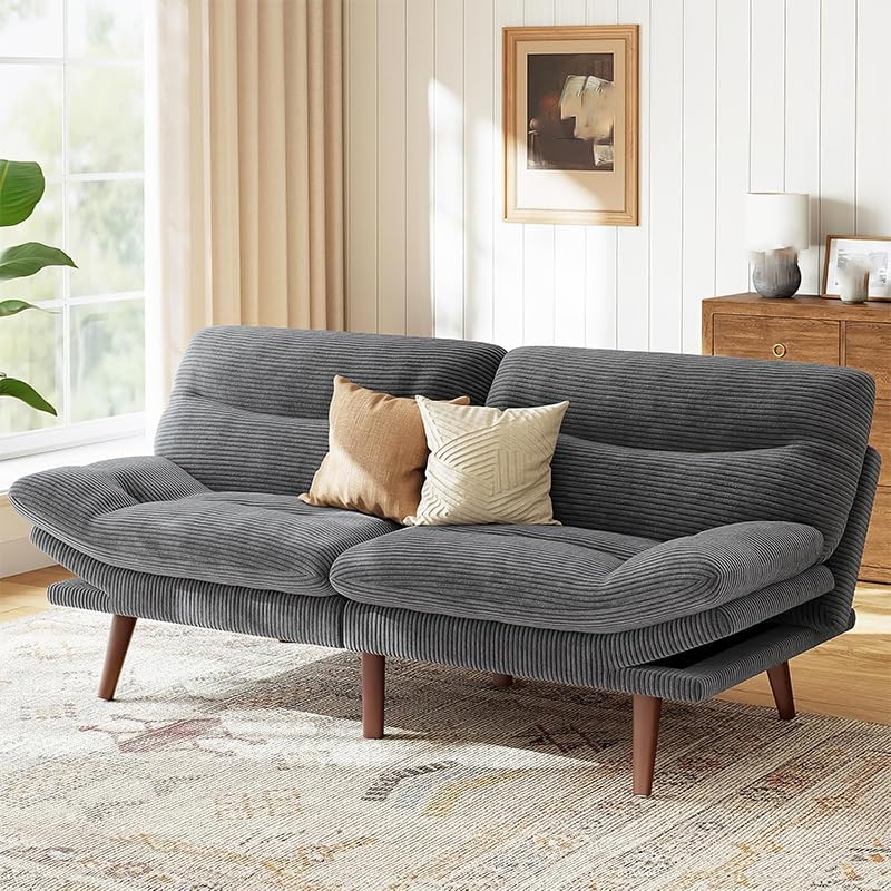 Convertible Futon Sofa Bed,Corduroy Futon Couch with Adjustable Backrest and Armrests, Recliner Sleeper Sofa for Small Spaces for Living Room, Bedroom, Apartment,Grey