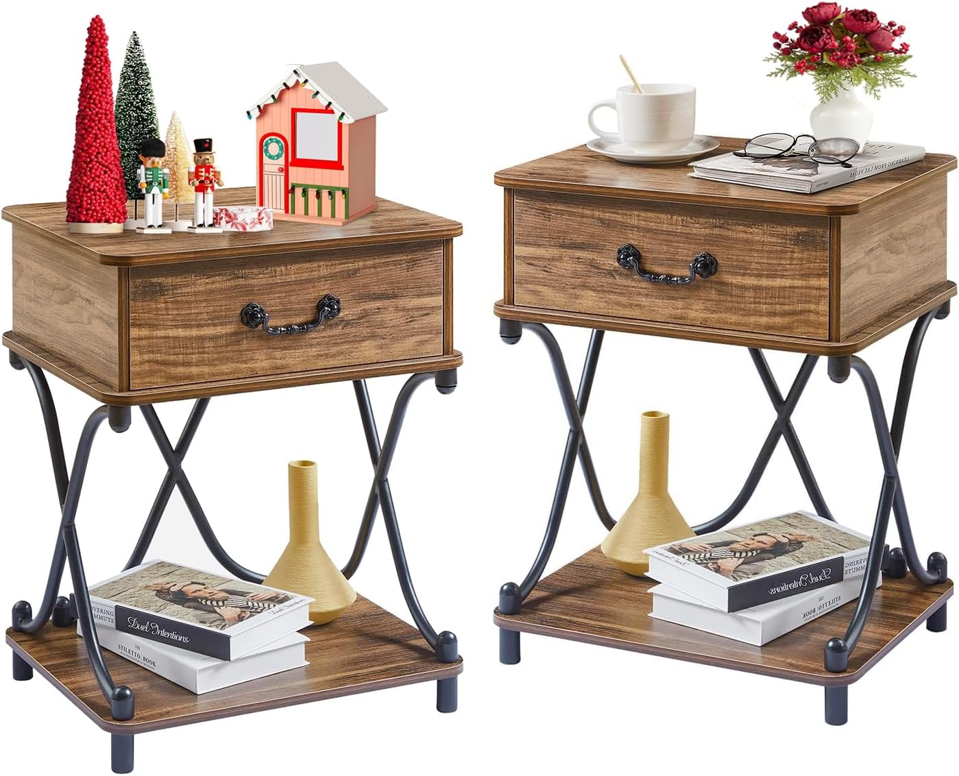VECELO Nightstands with Drawer for Bedroom, Endtable Bedside Table with Storage & Open Shelf for Living Room, Brown