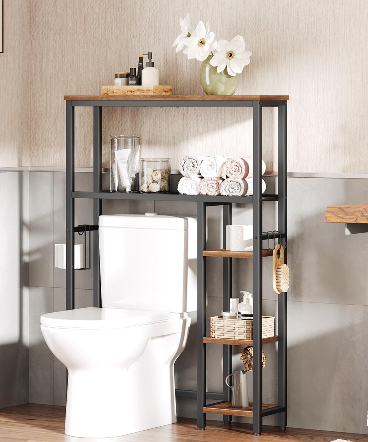 HOOBRO Over-The-Toilet Storage, 5-Tier Bathroom Organizer Over Toilet with Toilet Paper Holder, Hooks, Bathroom Shelves, Space Saver, Storage Rack, Rustic Brown and Black BF84TS01