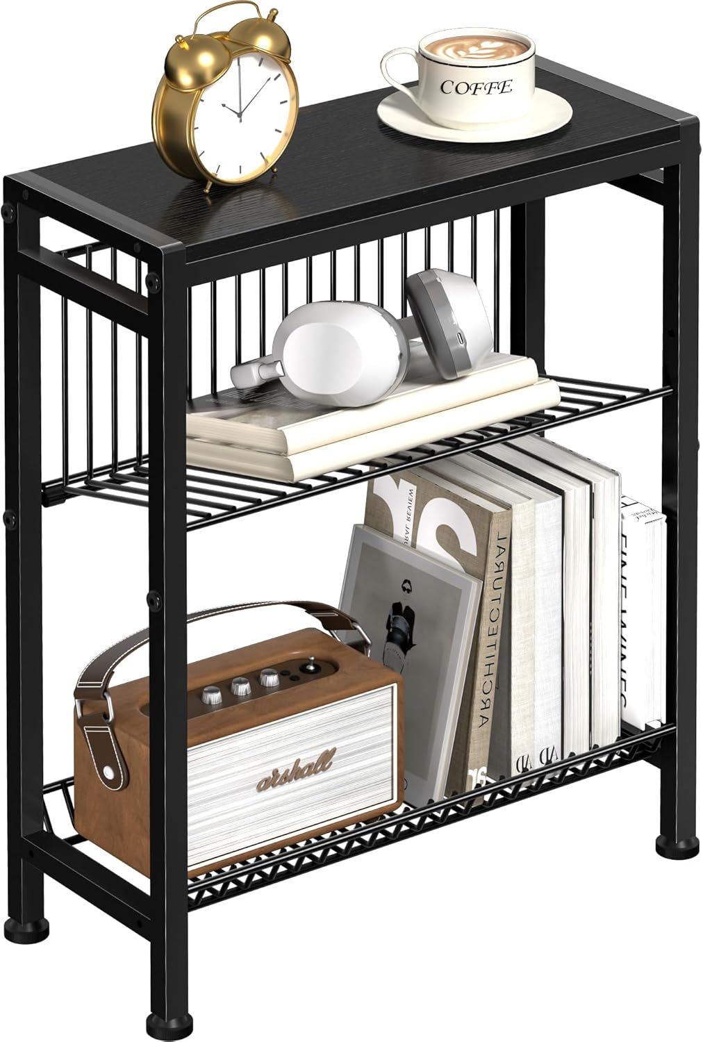 Narrow Side Table for Small Space, 3-Tier End Table with Magazine Holder, Slim Nightstand with Wire Shelf, Skinny Bedside Table in Living Room, Bedroom, Study, Kitchen and Balcony(Greige)
