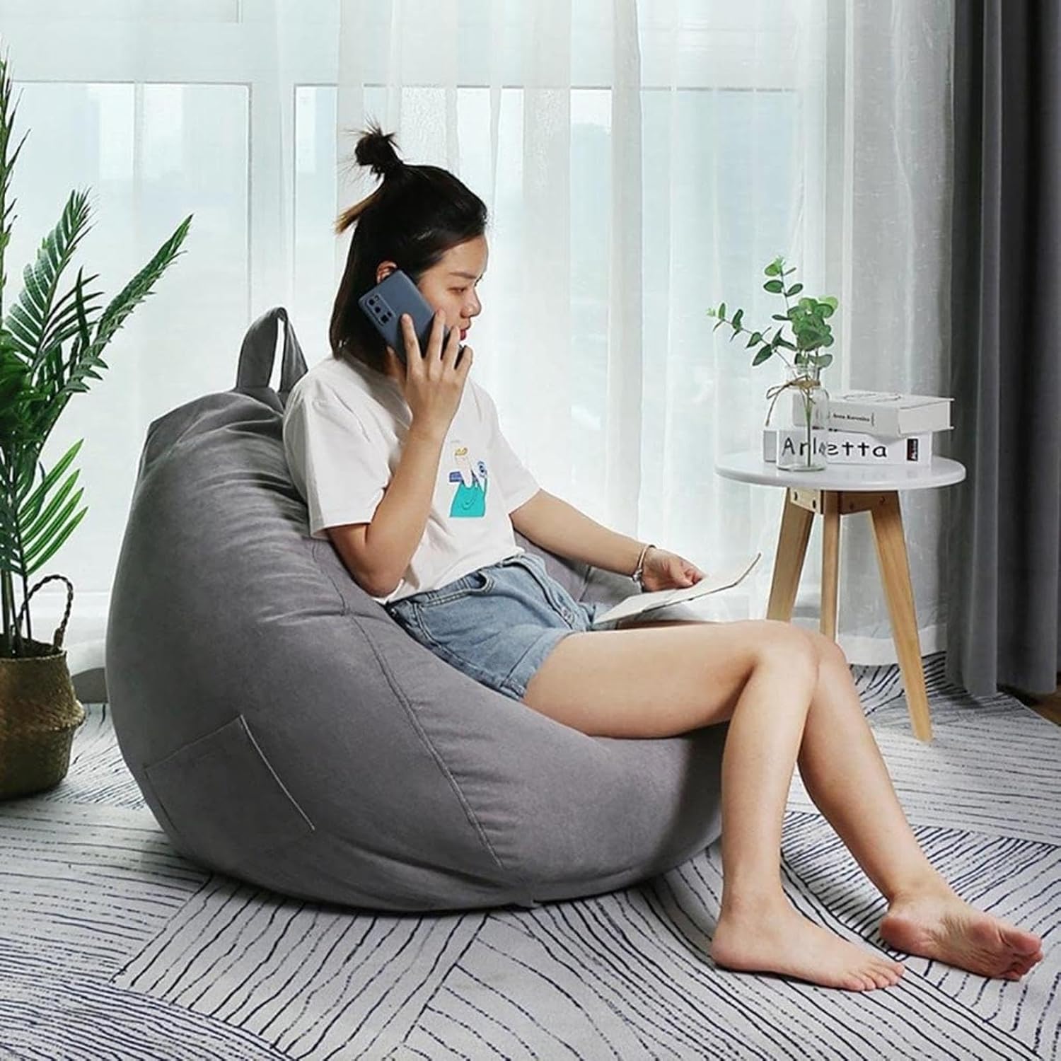 NIBHZ Lazy Sofas Cover Chairs Without Filler Linen Soft Micro-Fiber Bean Bag Chairs Cloth Lounger Seat Bean Bag Pouf Puff Couch for Adults (No Filler),Gray-75X85CM