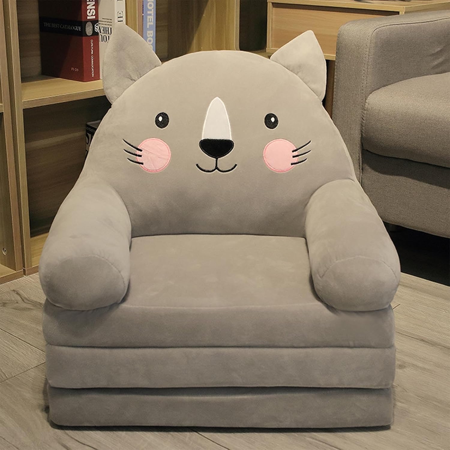 Fold small Plush Lazy Sofa, 2 in 1 Fold Backrest Cartoon Armchair, Flip Open Sofa Bed for Living Room Bedroom