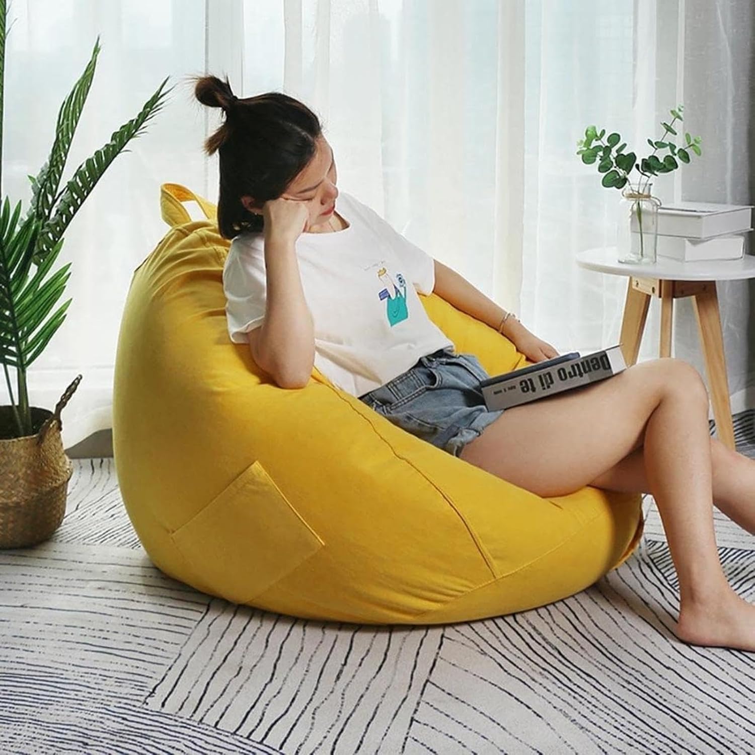 NIBHZ Lazy Sofas Cover Chairs Without Filler Linen Soft Micro-Fiber Bean Bag Chairs Cloth Lounger Seat Bean Bag Pouf Puff Couch for Adults (No Filler),Yellow-75X85CM