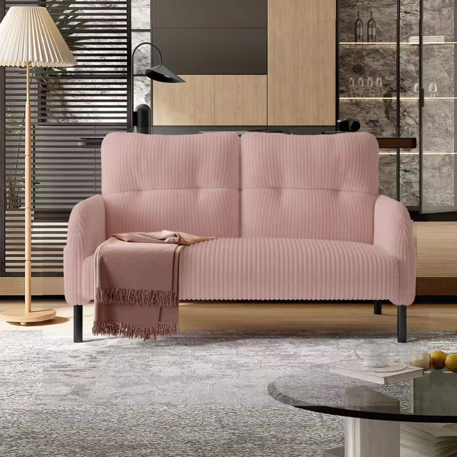 Modern Small Loveseat Sofa, Pink Corduroy Love Seat, Comfy Upholstered Mini Couch with Metal Legs, Side Pockets for Living Room Bedroom, Dorm, and Apartment (Pink)