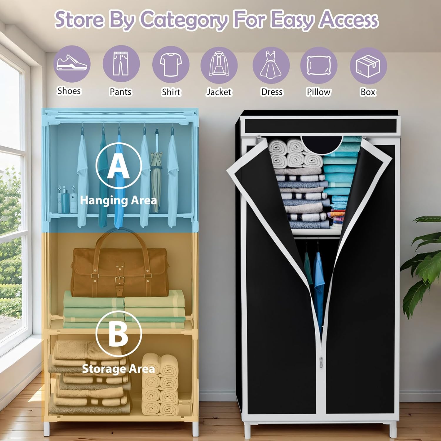 16mm Portable Wardrobe with Hanging & Folding Sections, T-Zipper Design & Full-Cover Dustproof Cover for Bedroom, Apartment, Dorm
