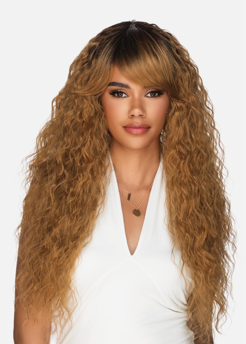 Amore Mio Hair Collection's AW-VIVIAN, Long Spanish Wavy EVERYDAY WIG with Fridged Bang, Color 1B Off Black