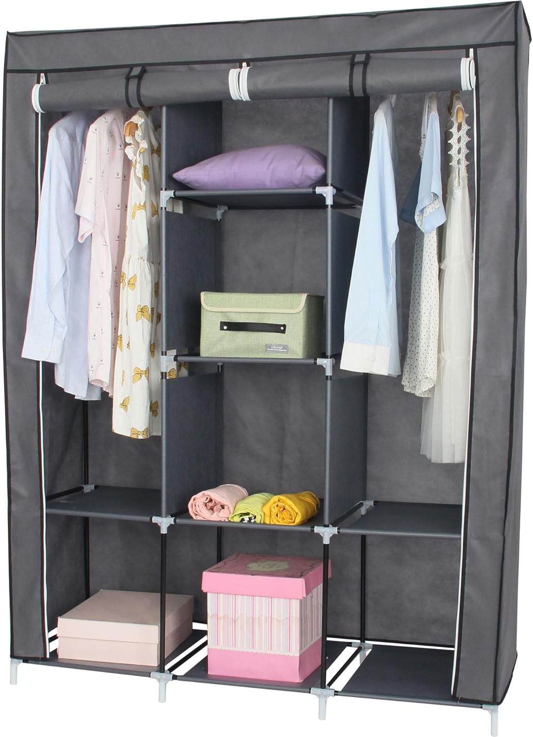 Portable Wardrobe Closet Organizer with Cover, Shelves, and Rods for Clothes, Gray – Vertical Hanging Clothing Rack for Coats and Shoes