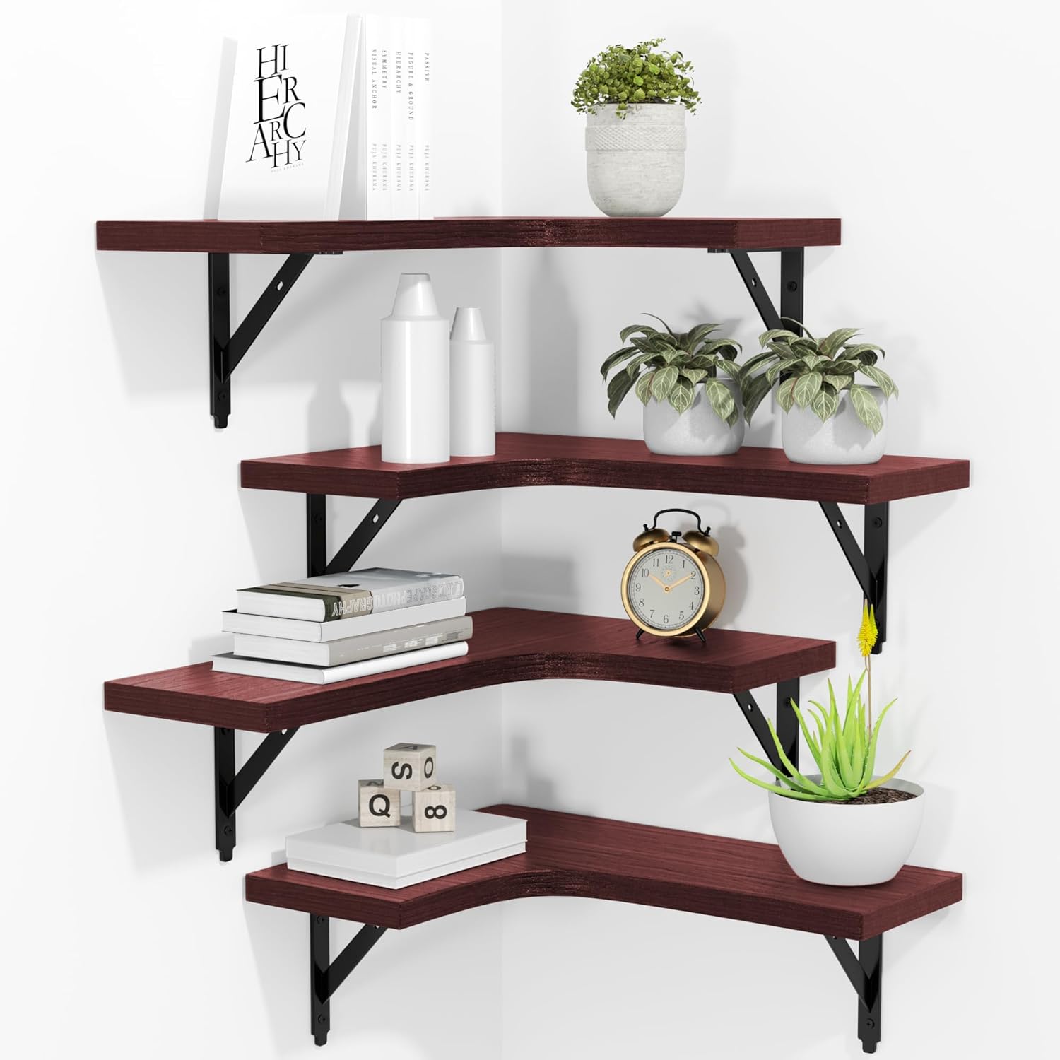 Corner Floating Shelves Wall Mounted Set of 4, Rustic Wood Storage Display Wall Shelves for Home Decor, Bathroom, Kitchen, Bedroom, Living Room, Office (Brown)